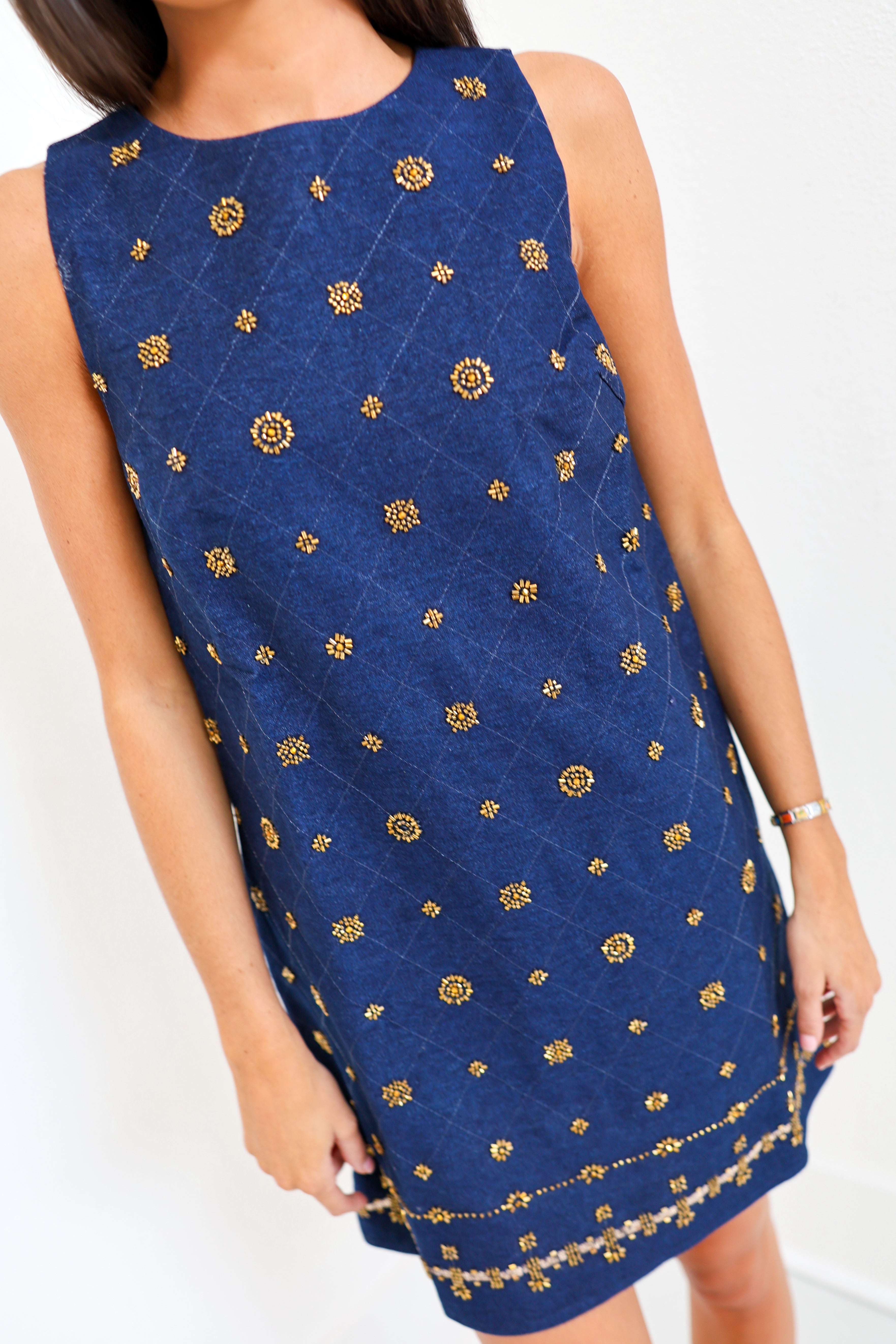 Lainey Embellished Denim Shift Mini Dress - Denim