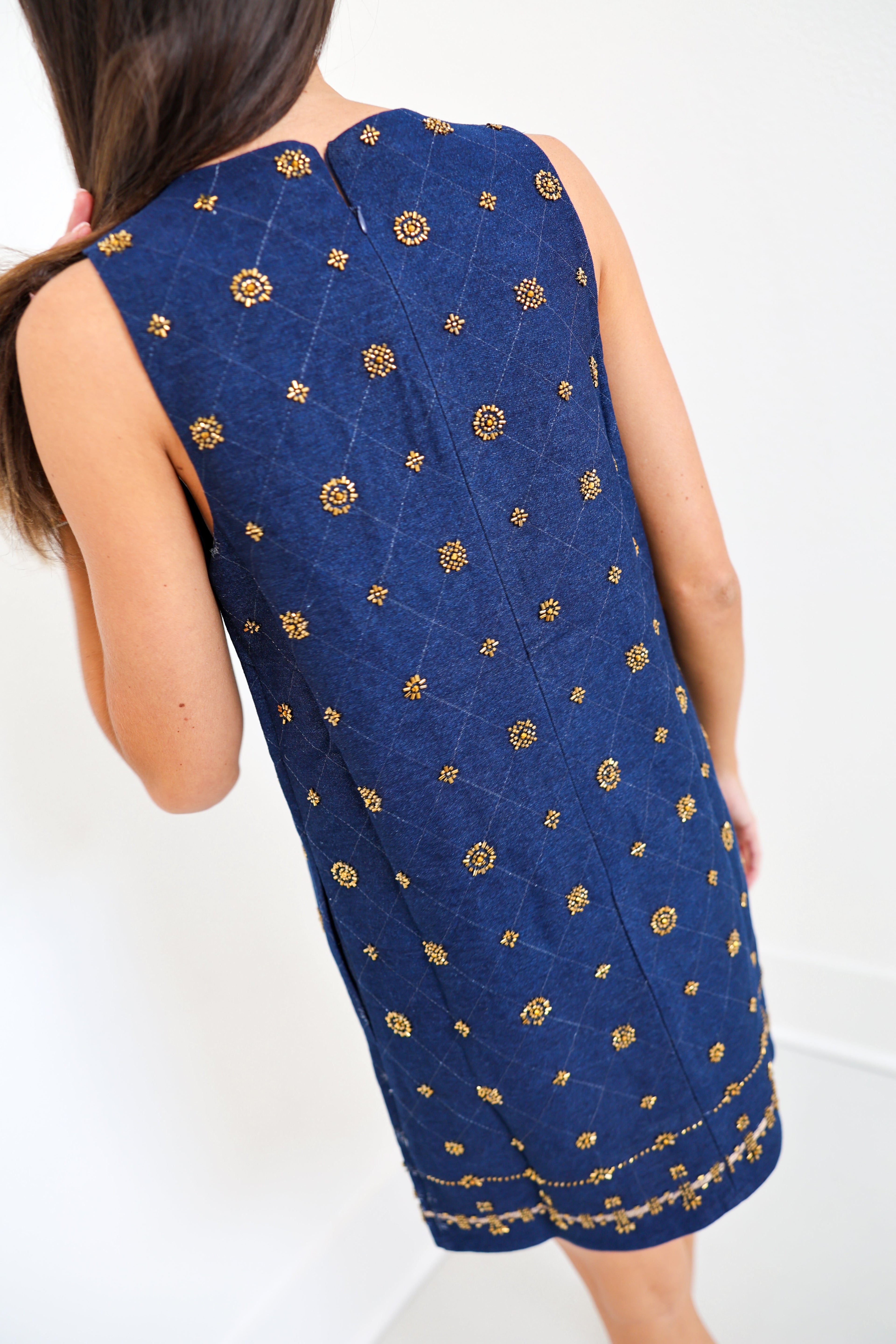 Lainey Embellished Denim Shift Mini Dress - Denim