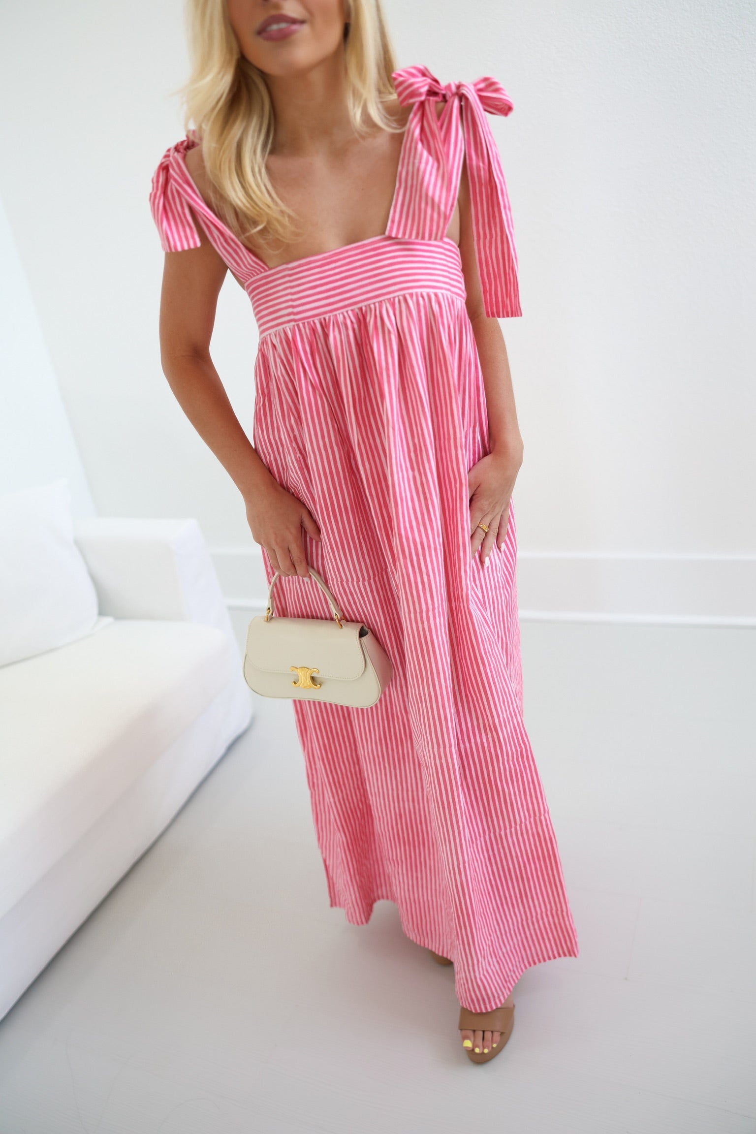 Emme Maxi Tie Dress - Pink/White Striped