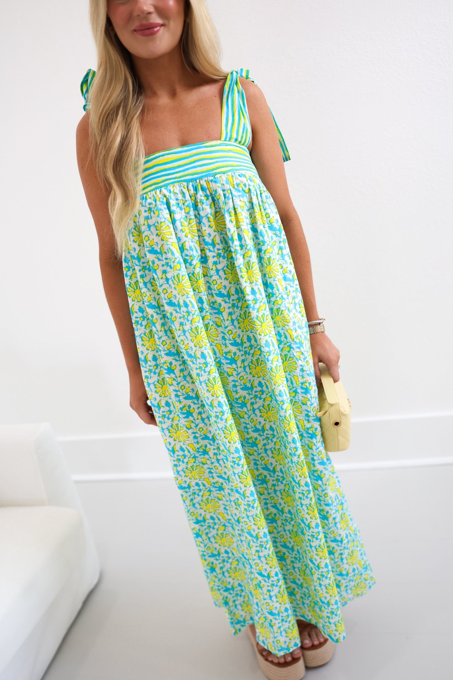 Mallie Maxi Tie Dress - Teal/Lime