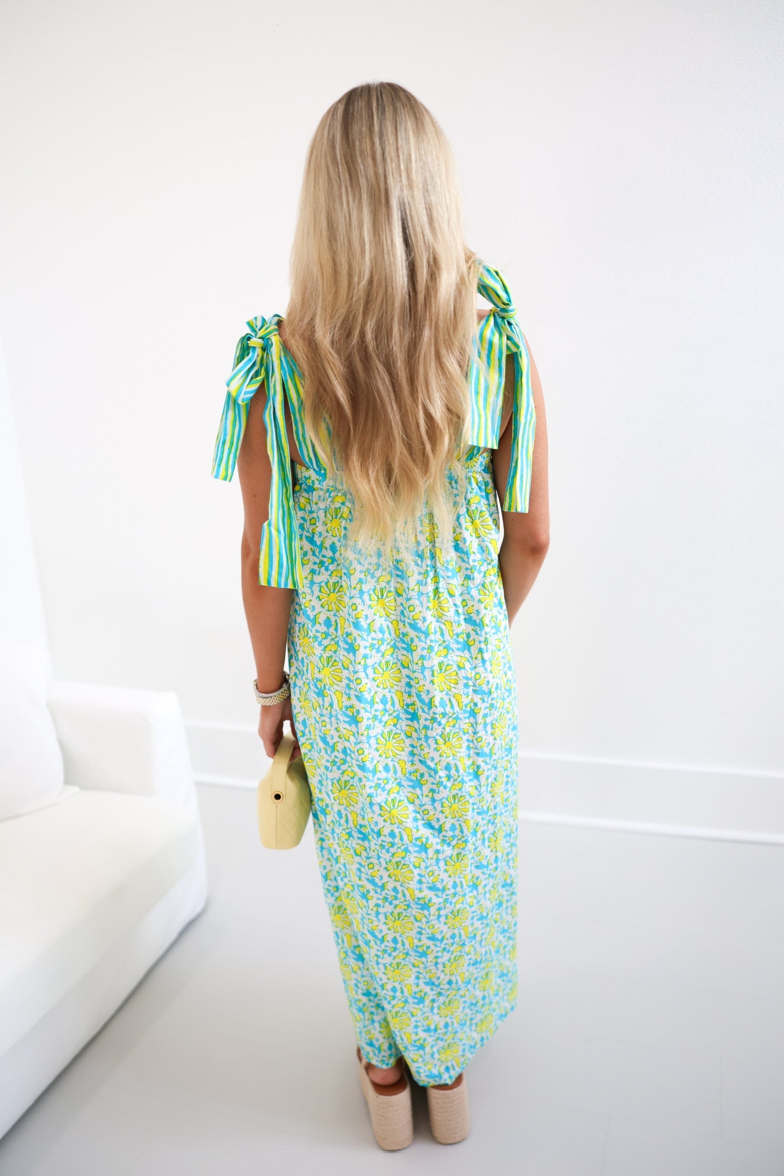 Mallie Maxi Tie Dress - Teal/Lime