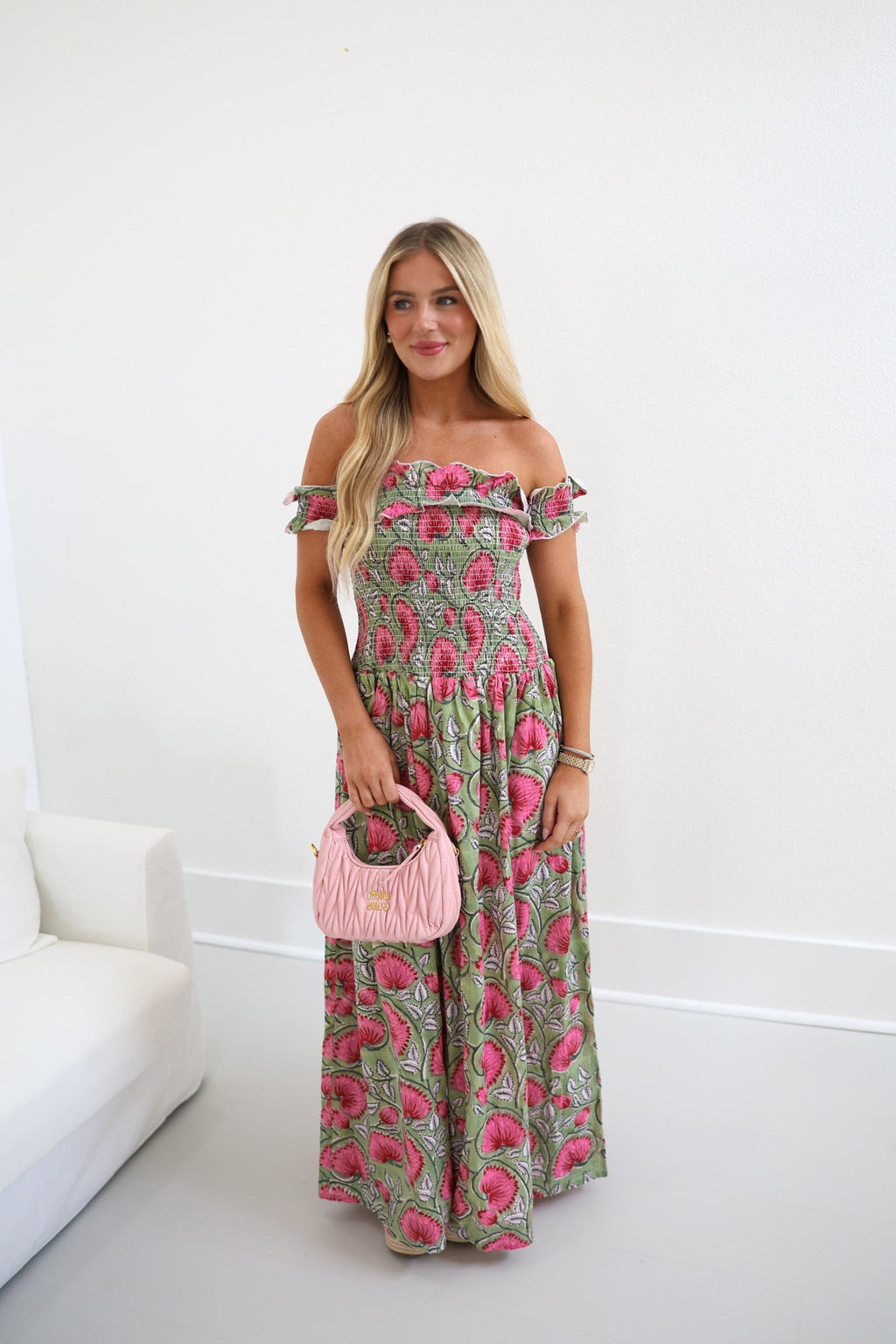 Ariel Smocking Off The Shoulder Maxi Dress - Green/Pink