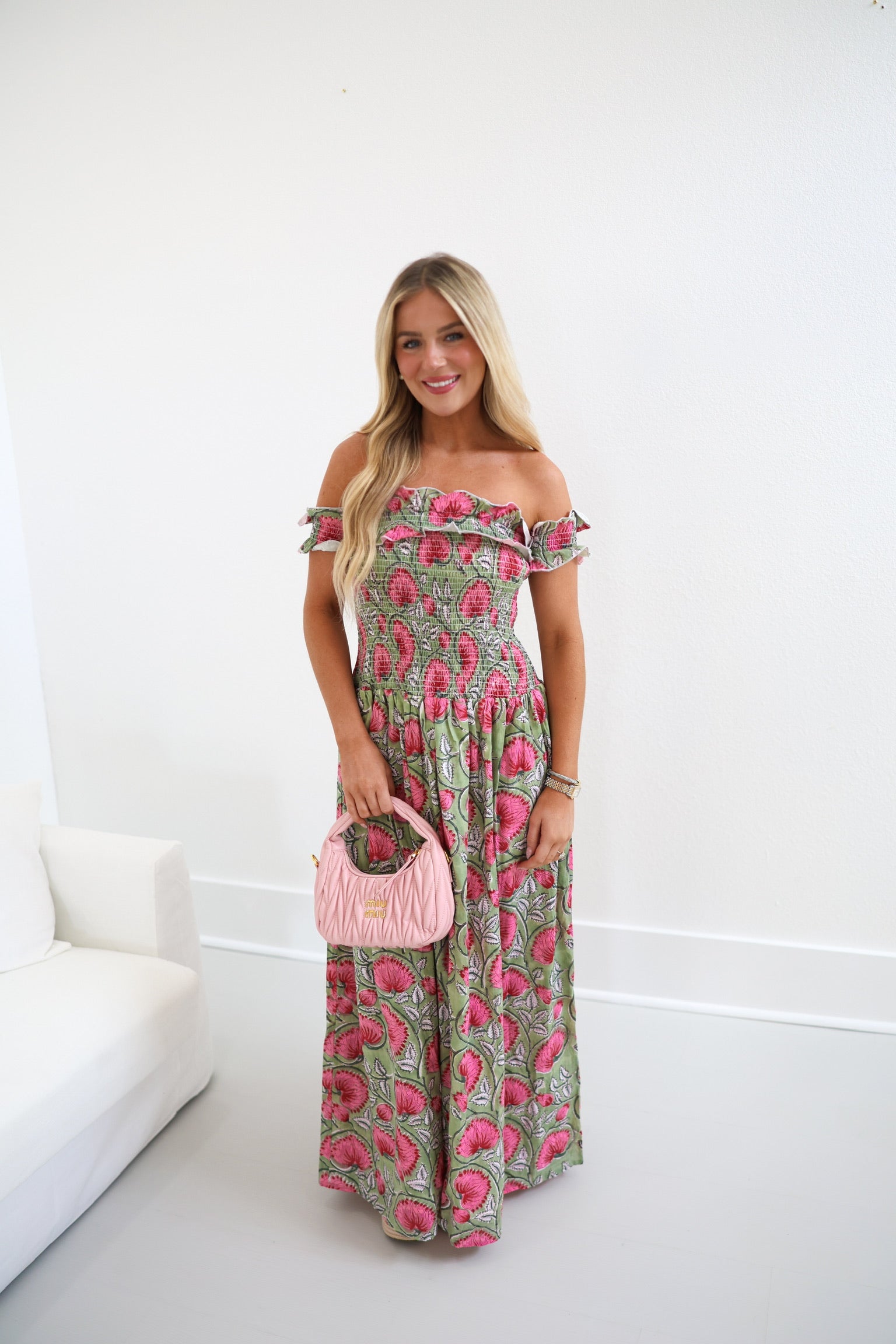 Ariel Smocking Off The Shoulder Maxi Dress - Green/Pink