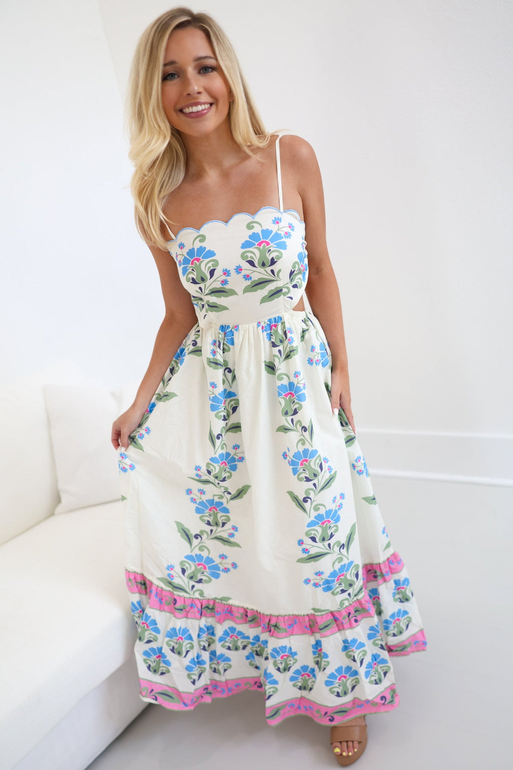 Addie Floral Print Cut Out Detail Midi Dress - Cream