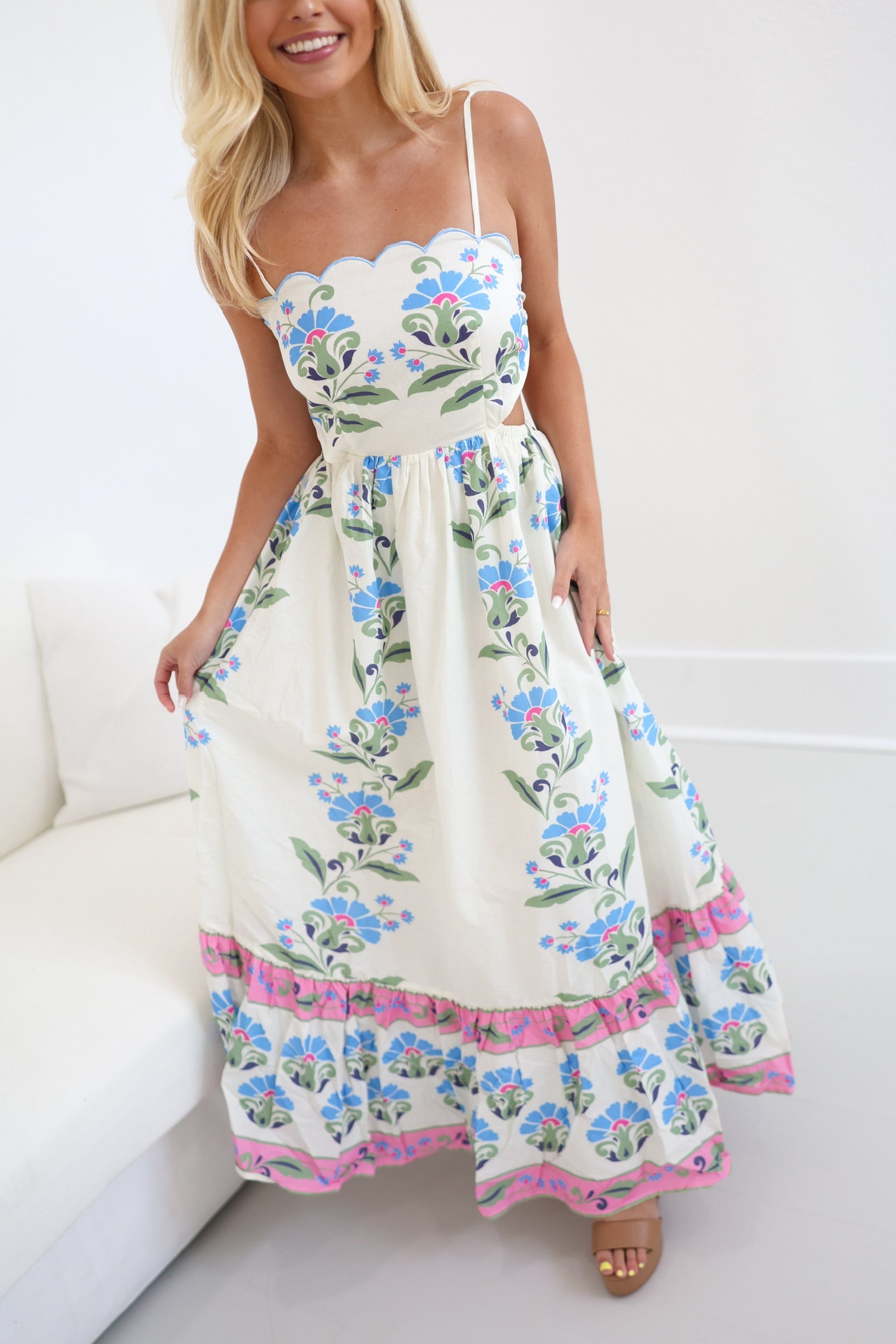 Addie Floral Print Cut Out Detail Midi Dress - Cream