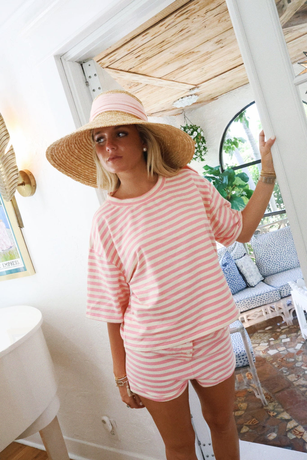 Fancy Striped Button Shorts - Hibiscus/Cream