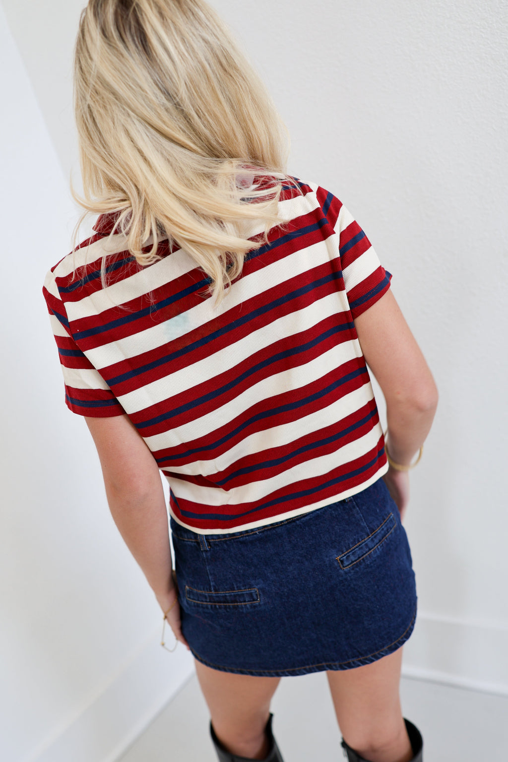 Cammy Cropped Striped Polo Tee - Burgundy