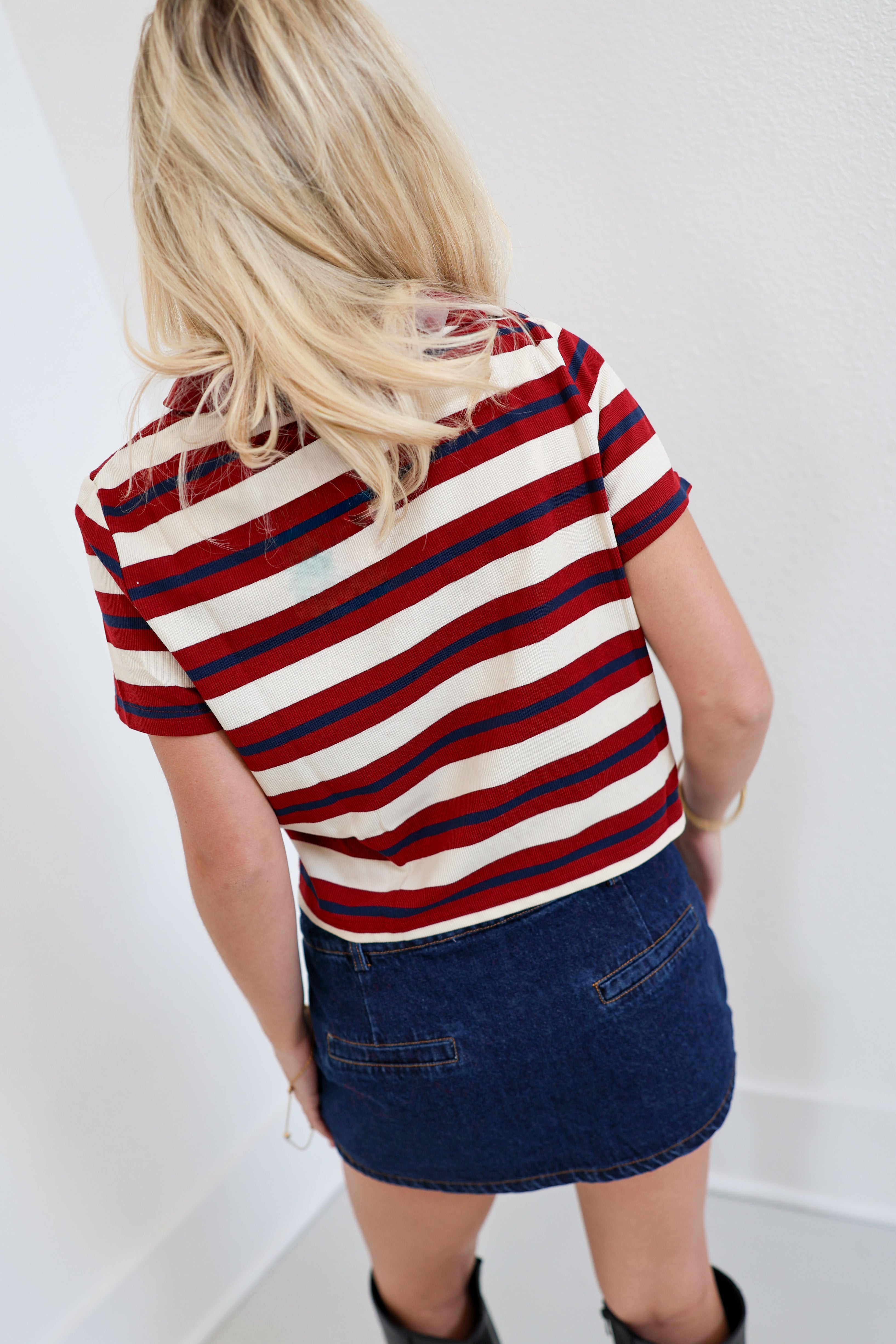 Cammy Cropped Striped Polo Tee - Burgundy