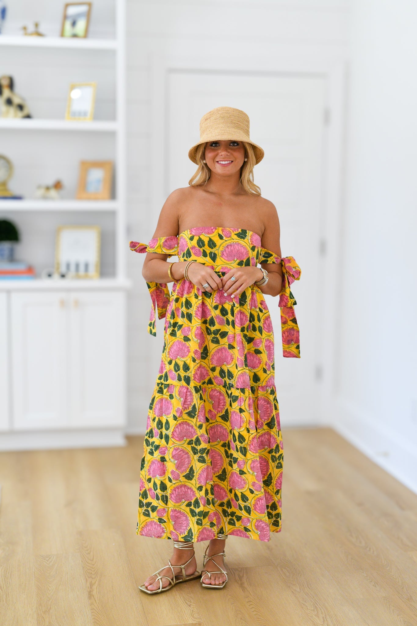 Tara Strapless Midi Dress - Yellow/Pink