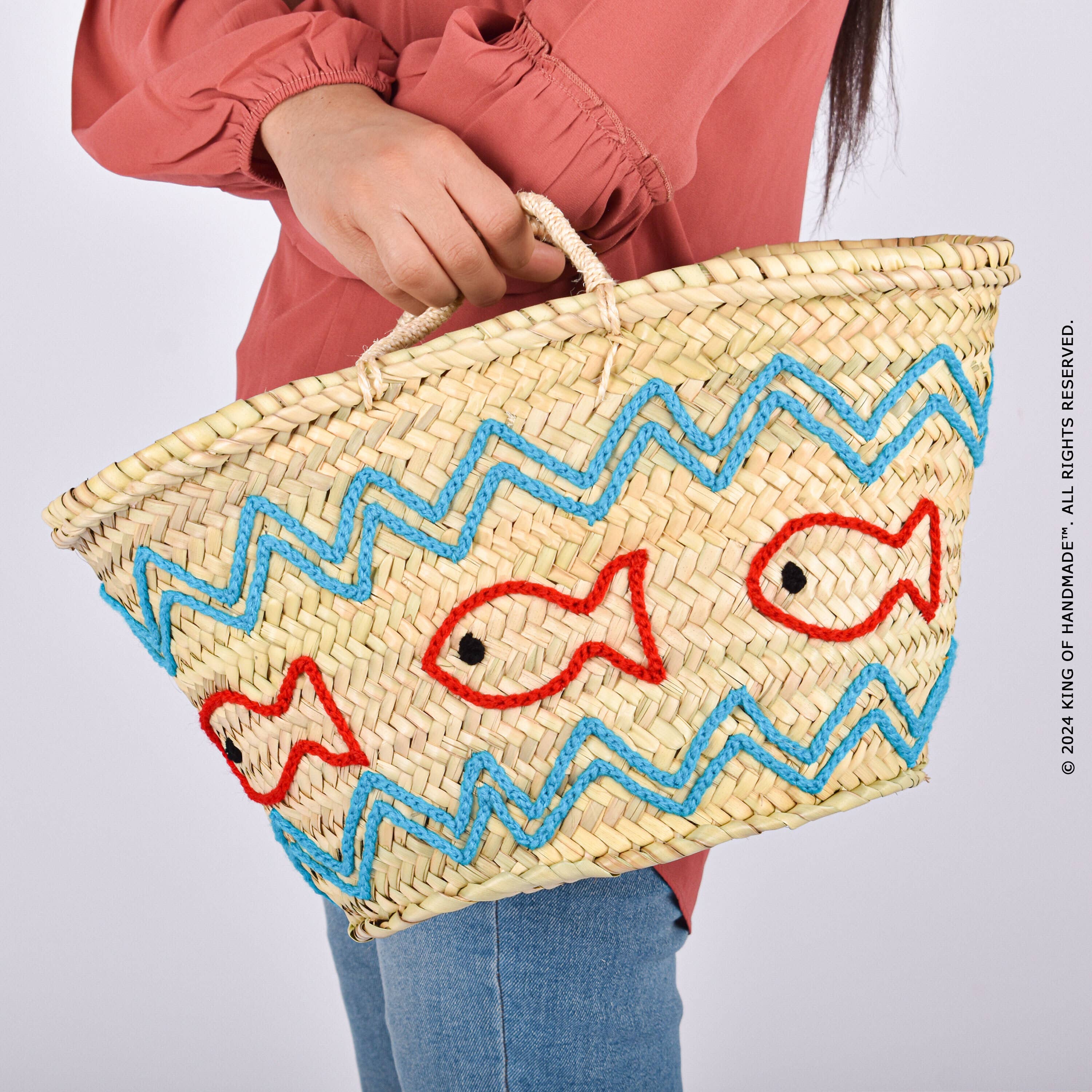 Handwoven Straw Beach Bag With Fish Motif - Vacation Bag