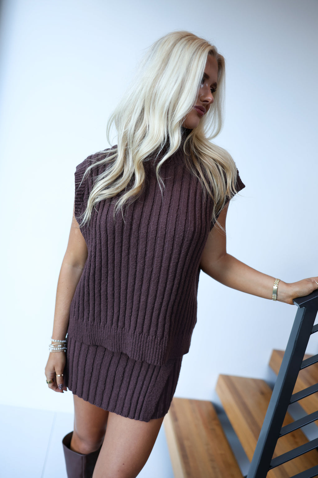 Emma Sweater Vest and Mini Skirt - Brown