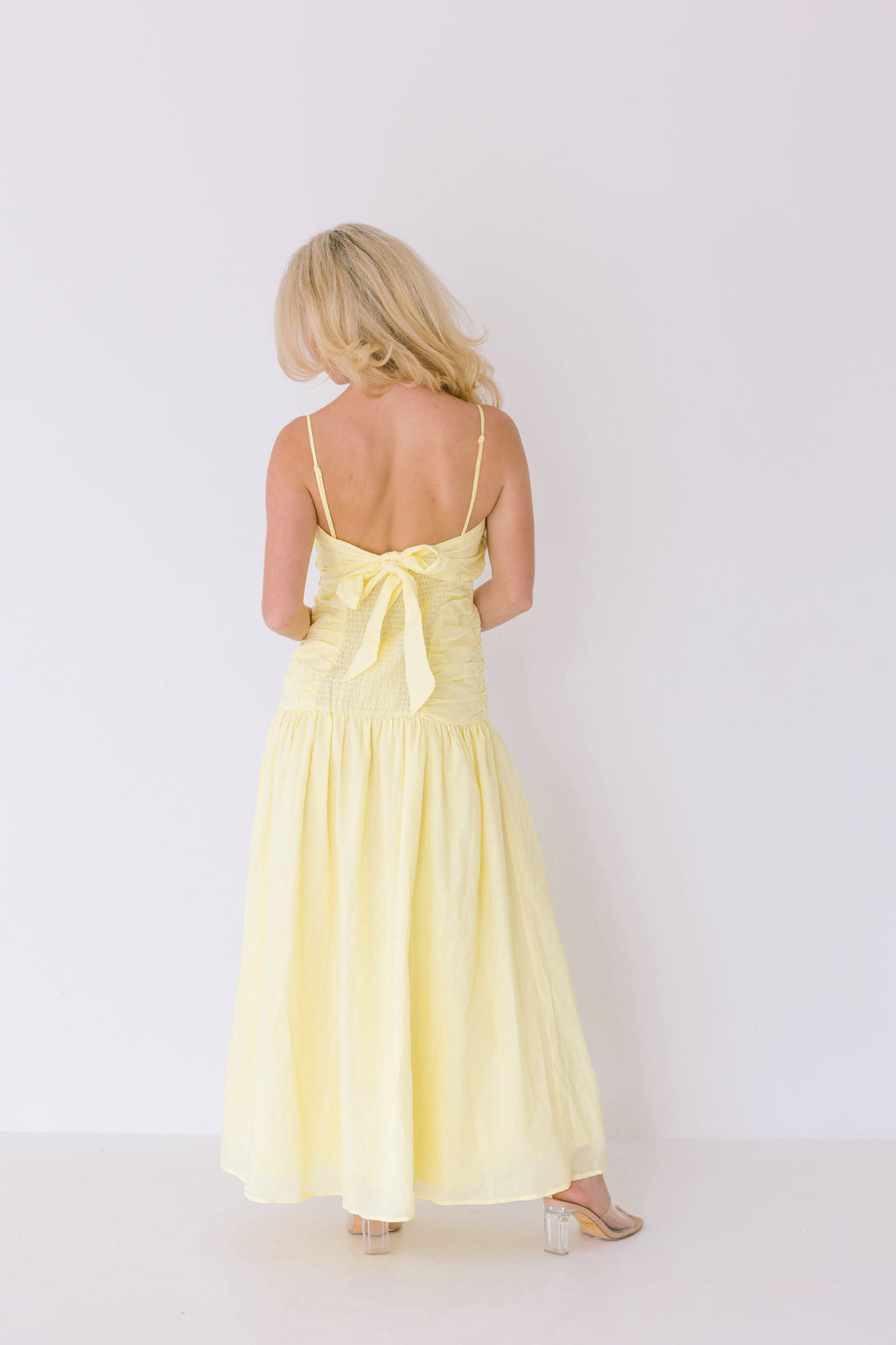 Verity Ruched Linen Maxi Dress - Yellow