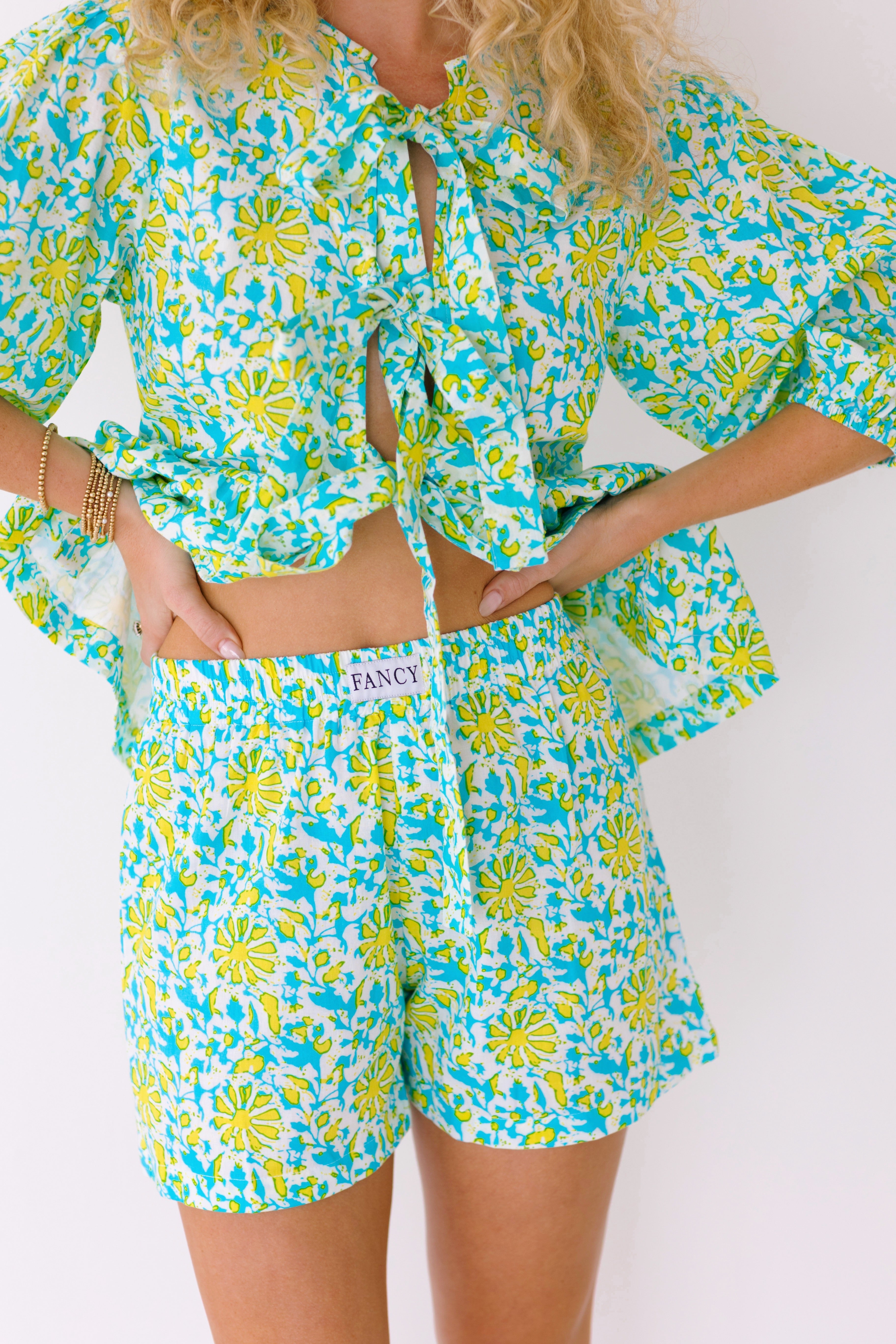 Dani Tie Front and Shorts Set - Teal/Lime