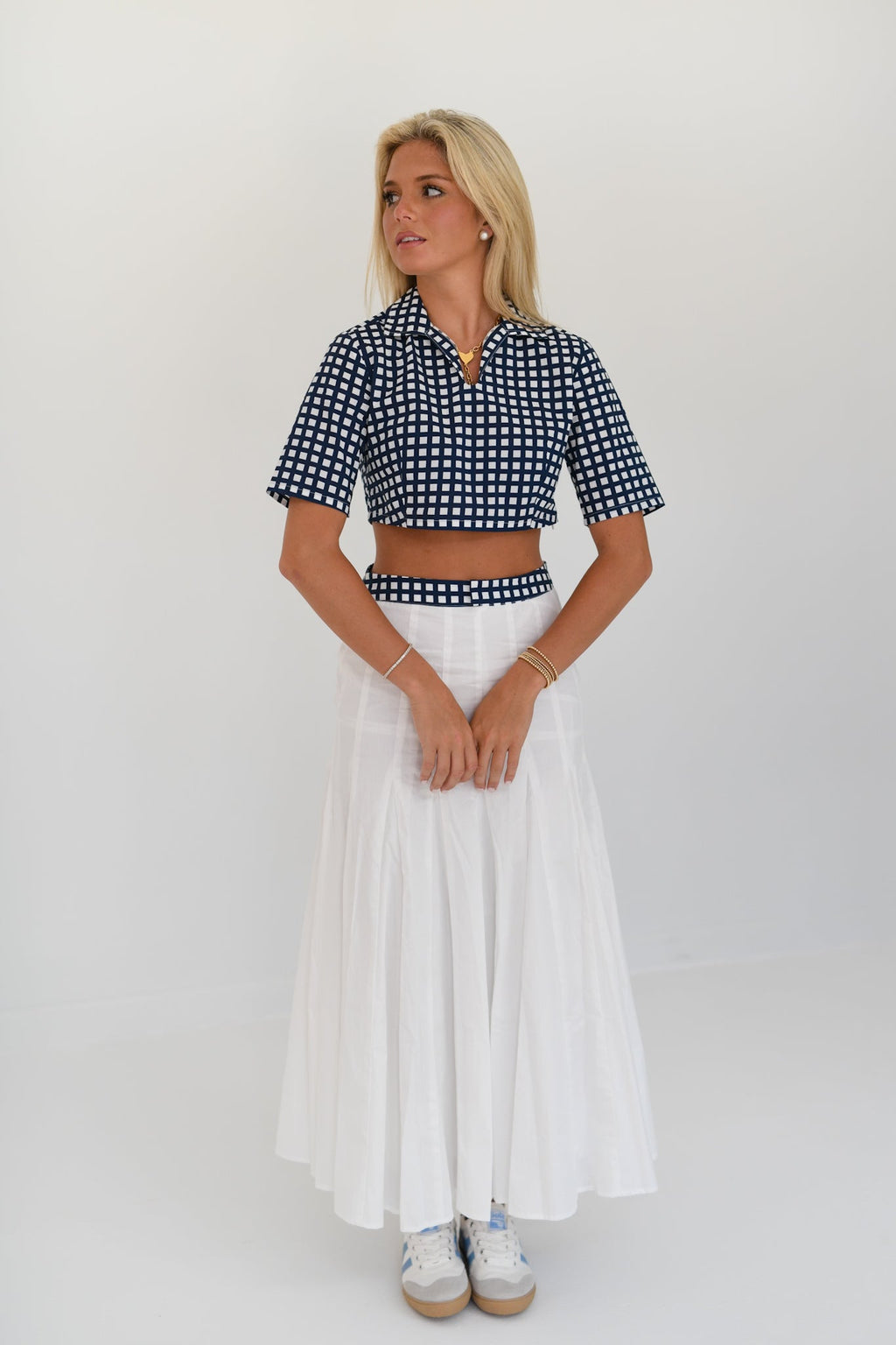 Dani Double Layer Pleated Maxi Skirt - Navy/White Gingham