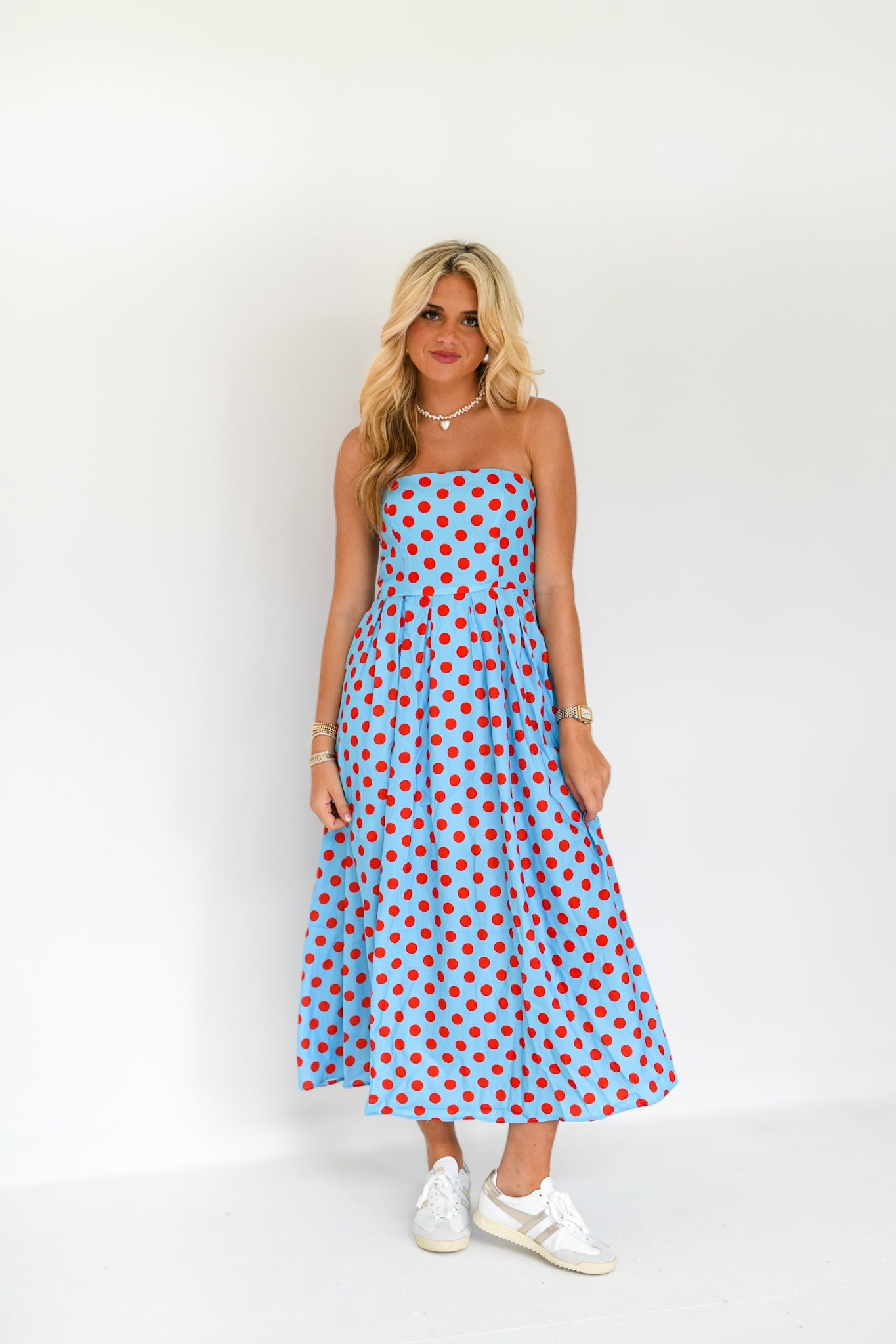 Manning Strapless Polka Dot Midi Dress - Powder Blue/Red