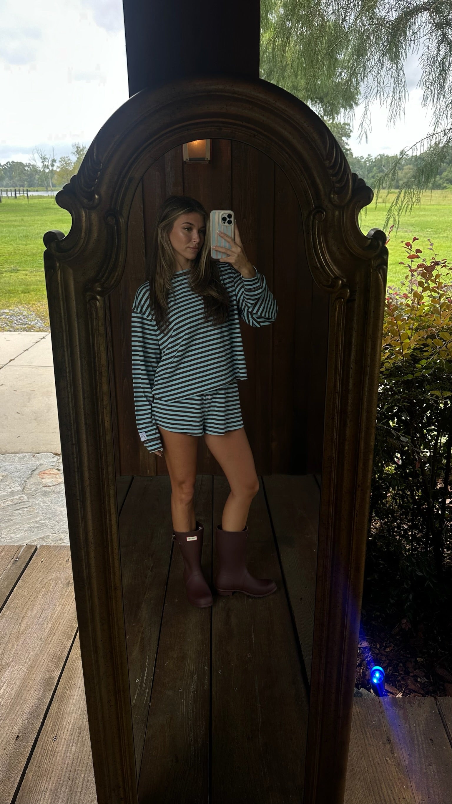 Fancy Striped Oversized Long Sleeve Top - Glacier/ Chocolate