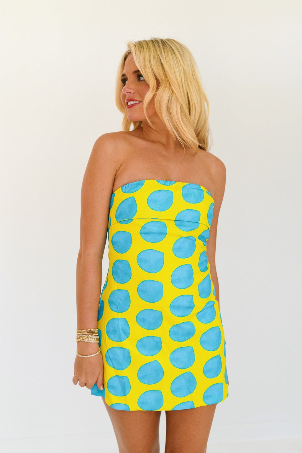 Shyla Strapless Mini Dress - Lime/Turquoise Polka Dots