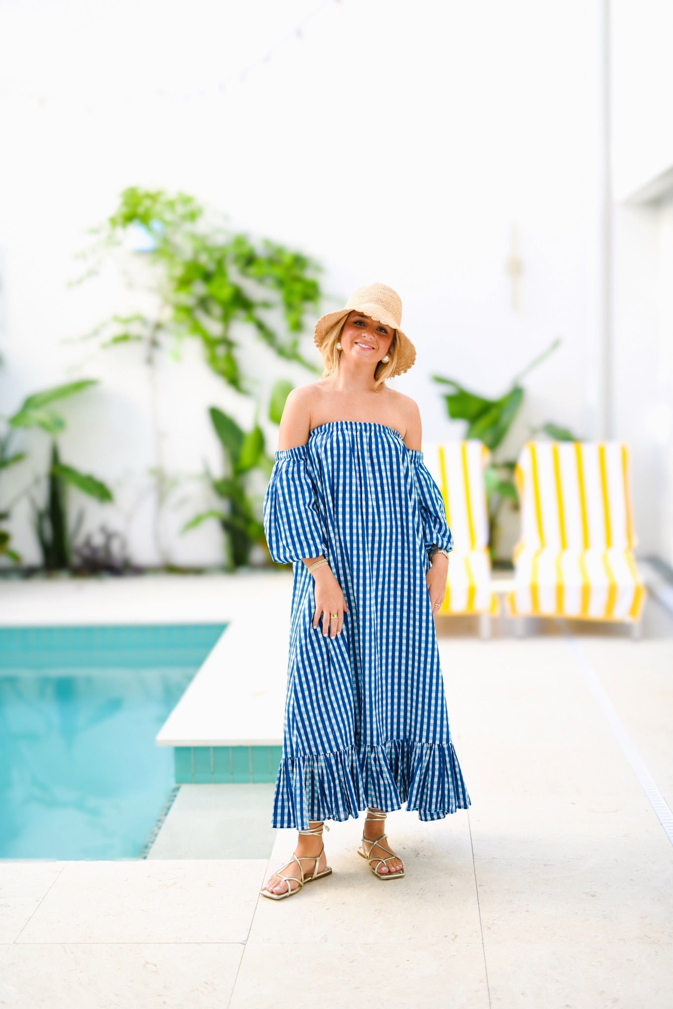 Brit Strapless Bubble Sleeve Maxi Dress - Blue Gingham