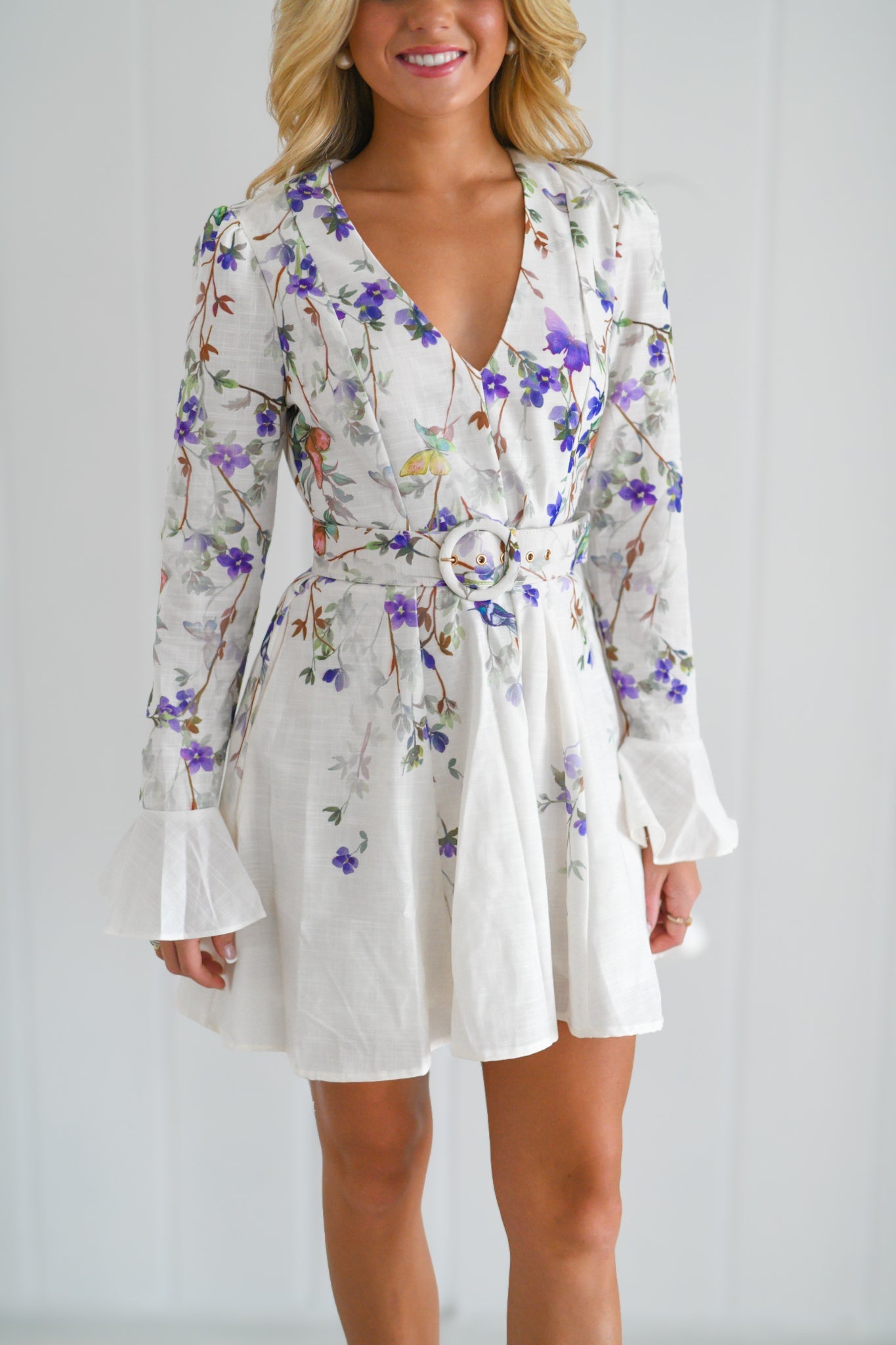 Kiera Long Puff Sleeve Floral Mini - White Multi