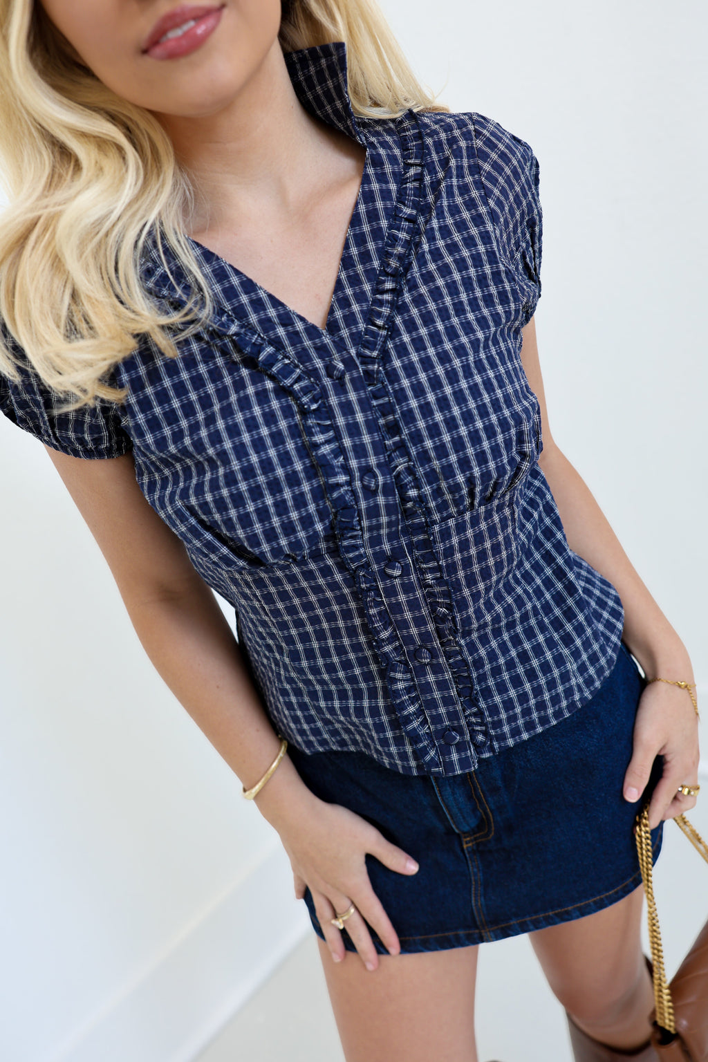 Claire Cotton V-neck Top With Short Sleeves - Navy Cream Check