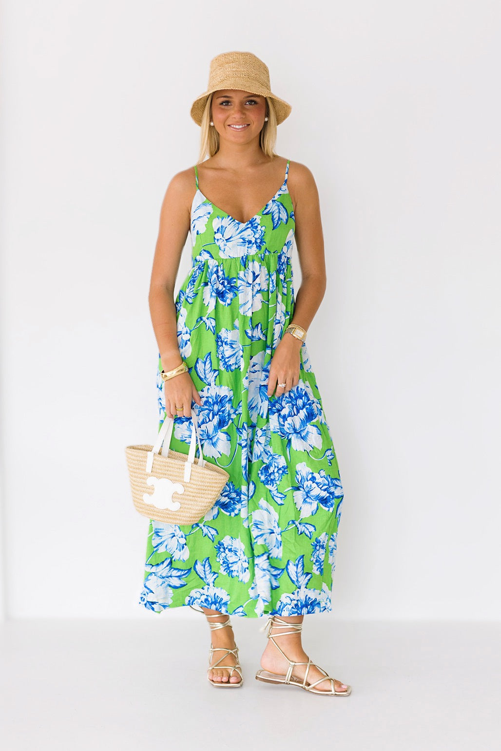 Hannah Floral Midi Dress - Green/White/Blue