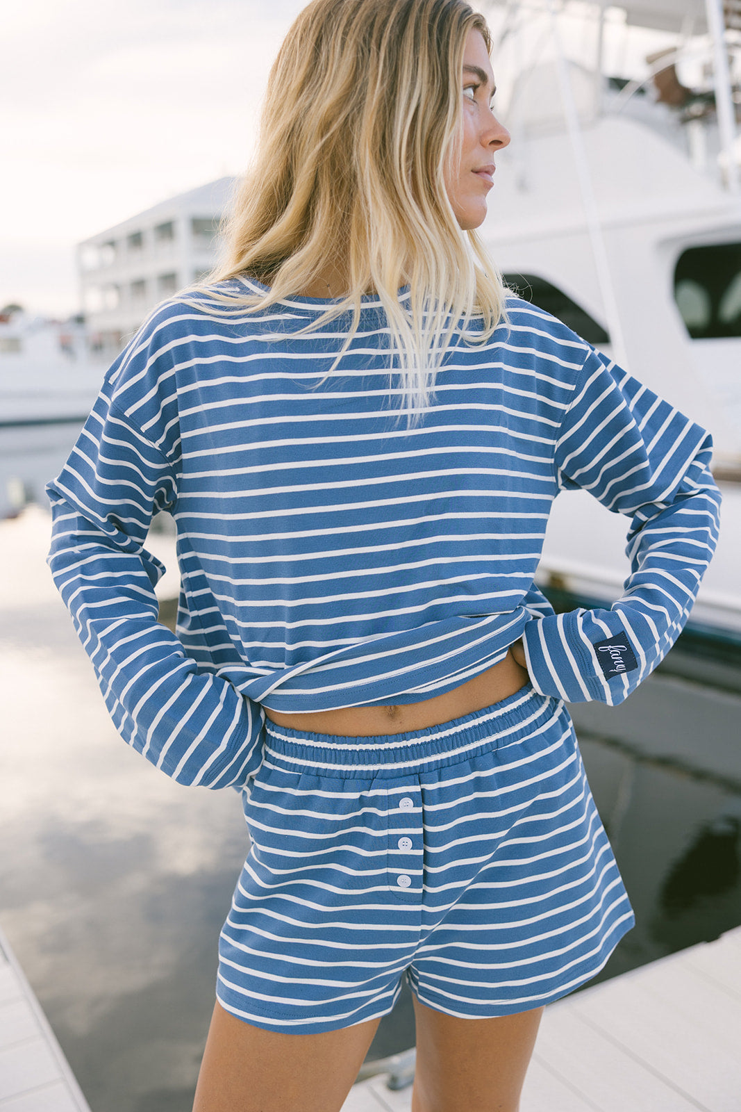 Fancy Striped Oversized Long Sleeve Top - Malibu Blue
