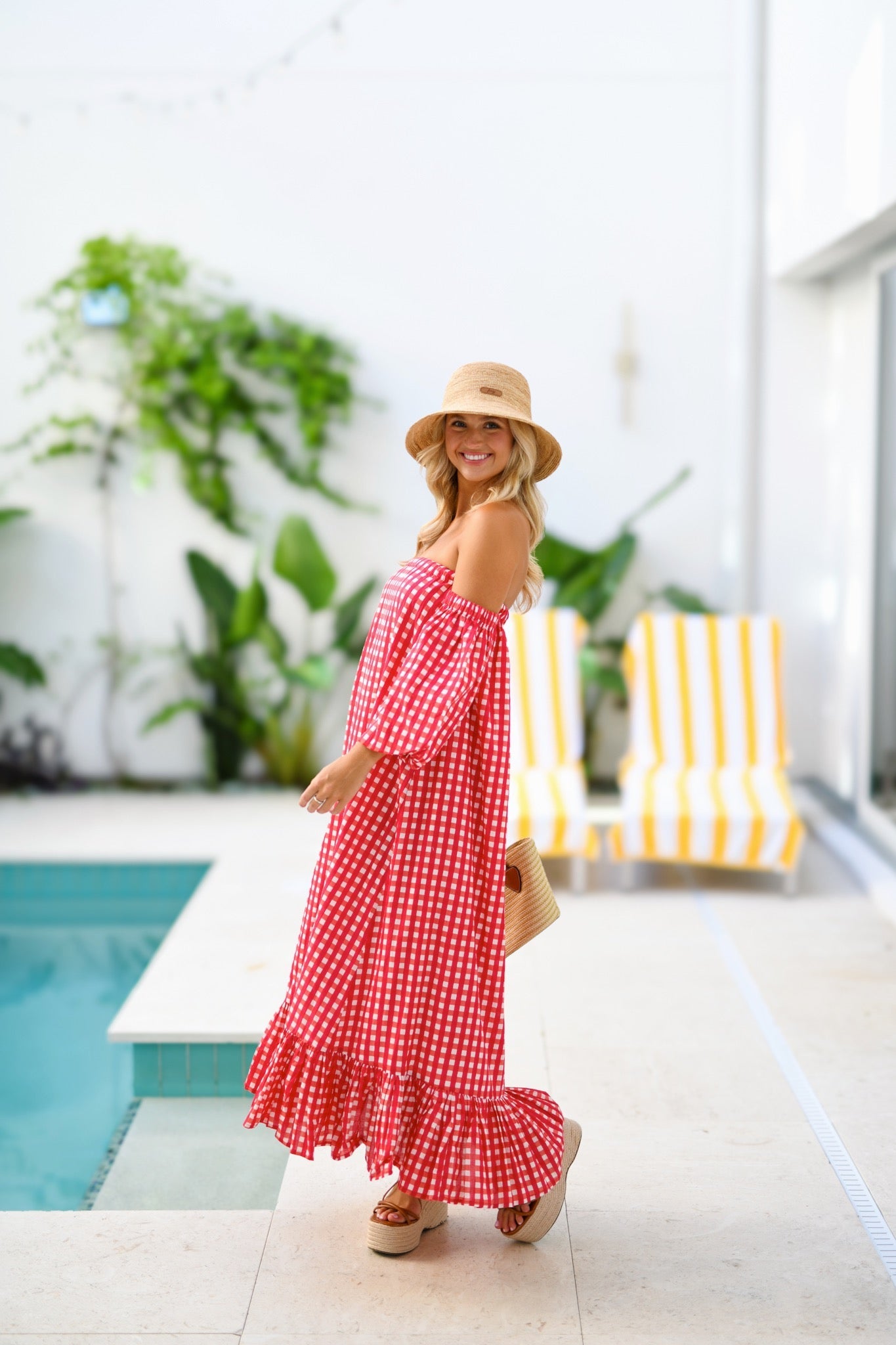 Rylie Strapless Bubble Sleeve Maxi Dress - Red Gingham