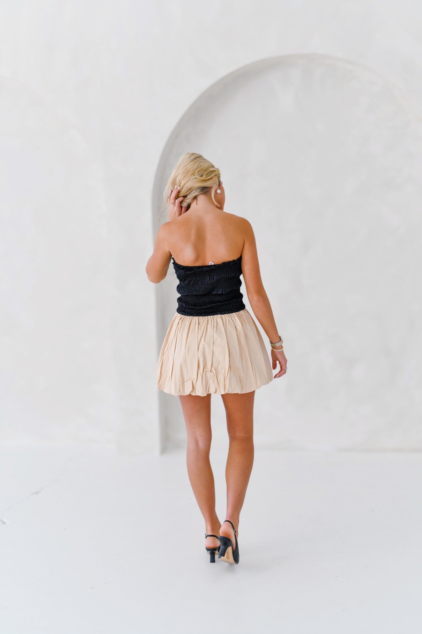 Aubrey Smocking Detail Mini Dress - Black Beige