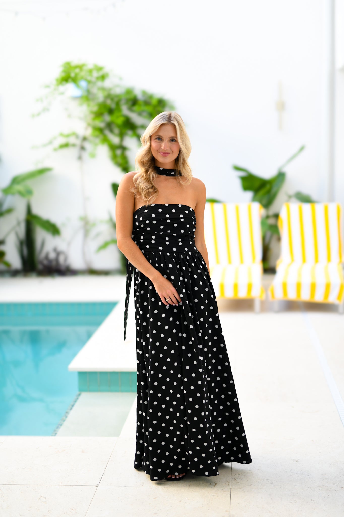 Emily Strapless Scarf Maxi Dress - Black Polka Dot