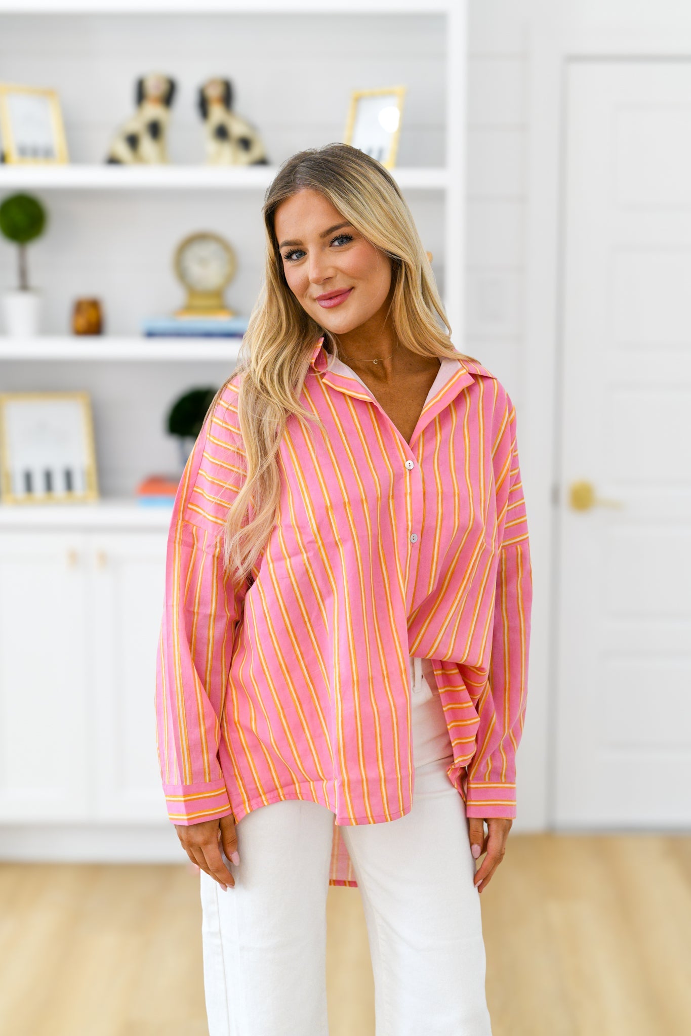 Izzy Striped Button Down Top -  Pink/Orange Thick Striped