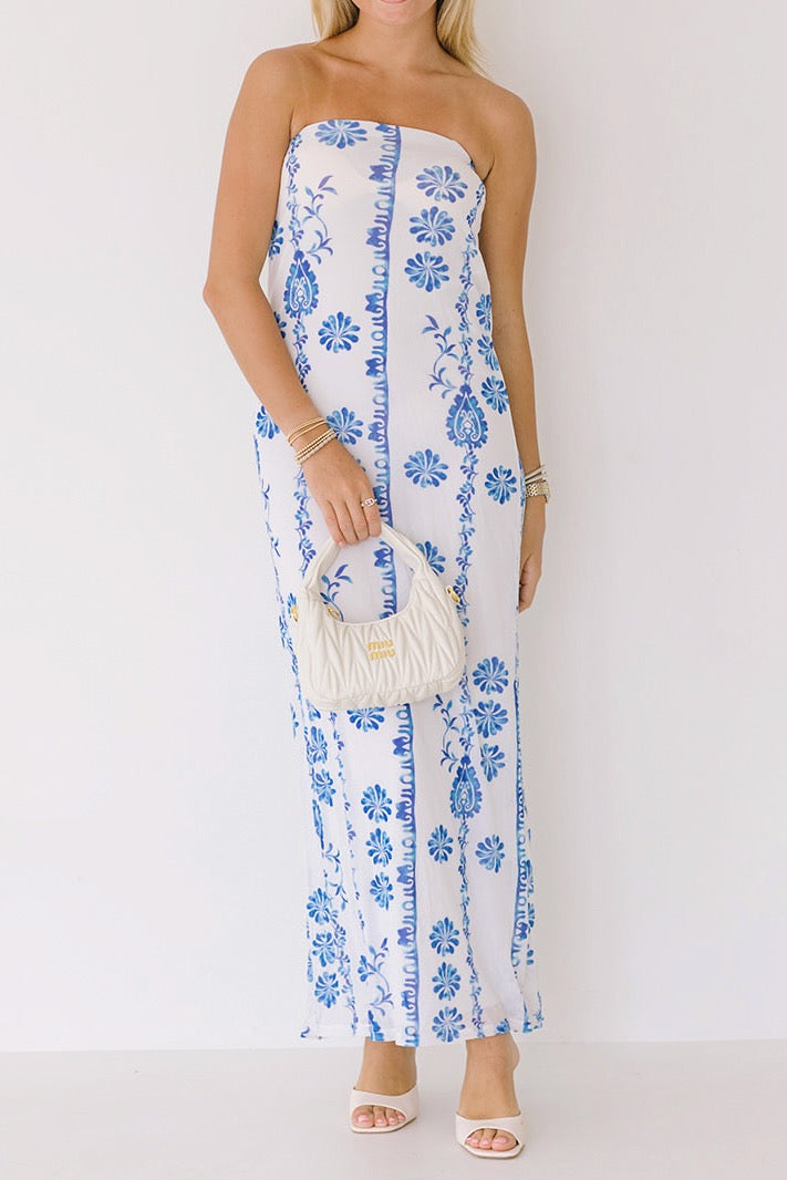 Tori Strapless Maxi Dress - Off White-Blue