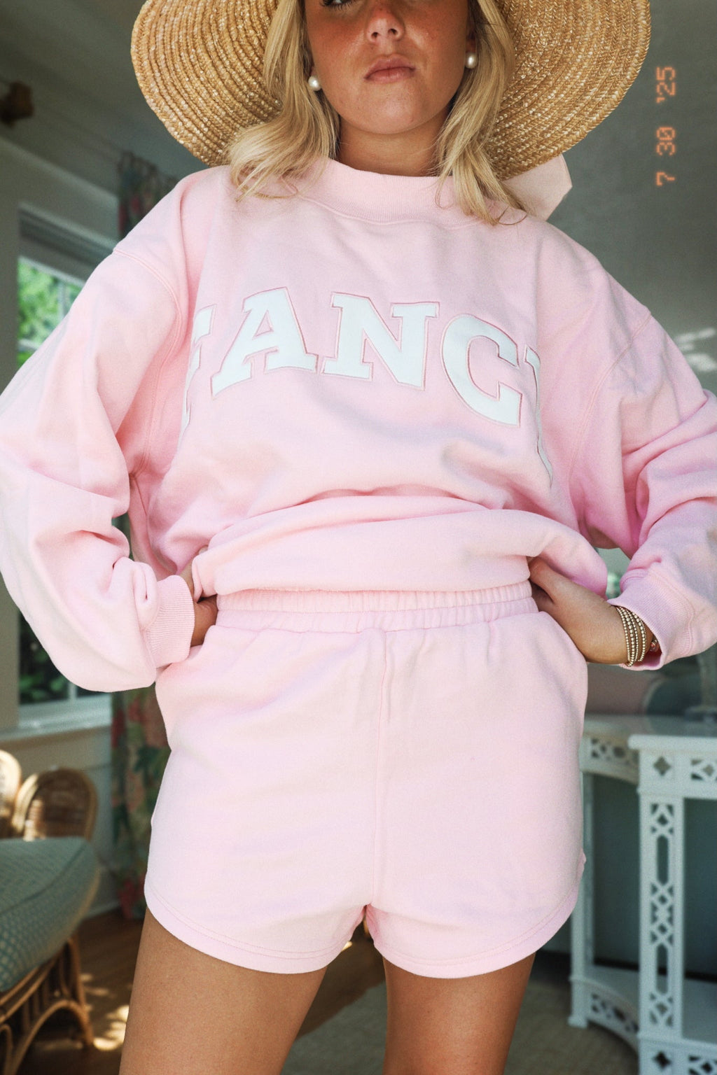 Fancy Oversized Fleece Mockneck - Powder Pink/White