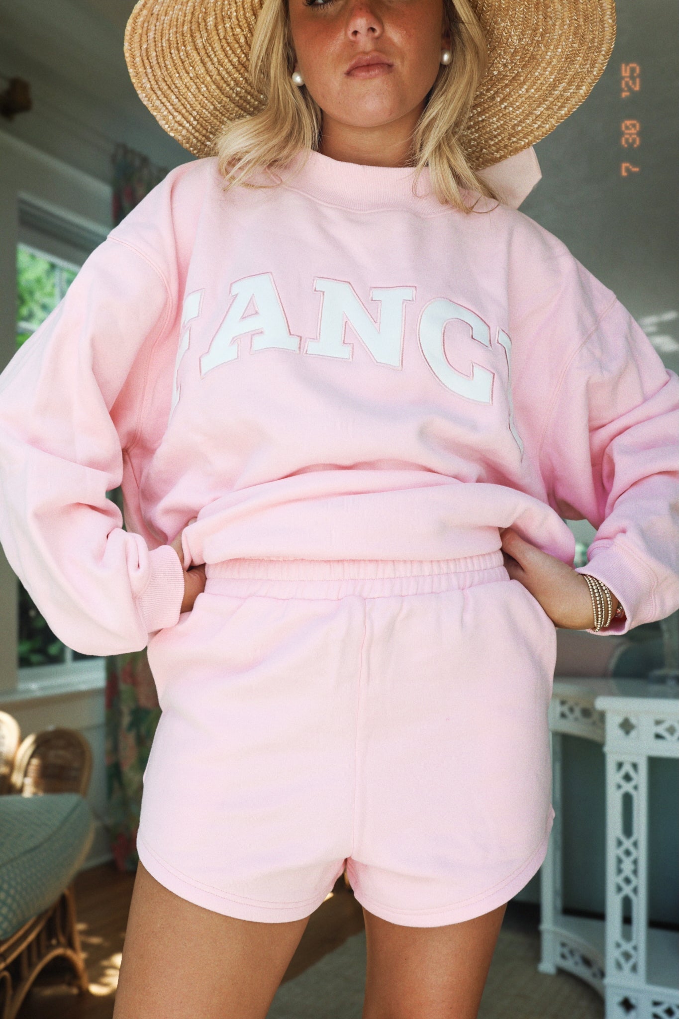 Fancy Oversized Fleece Mockneck - Powder Pink/White