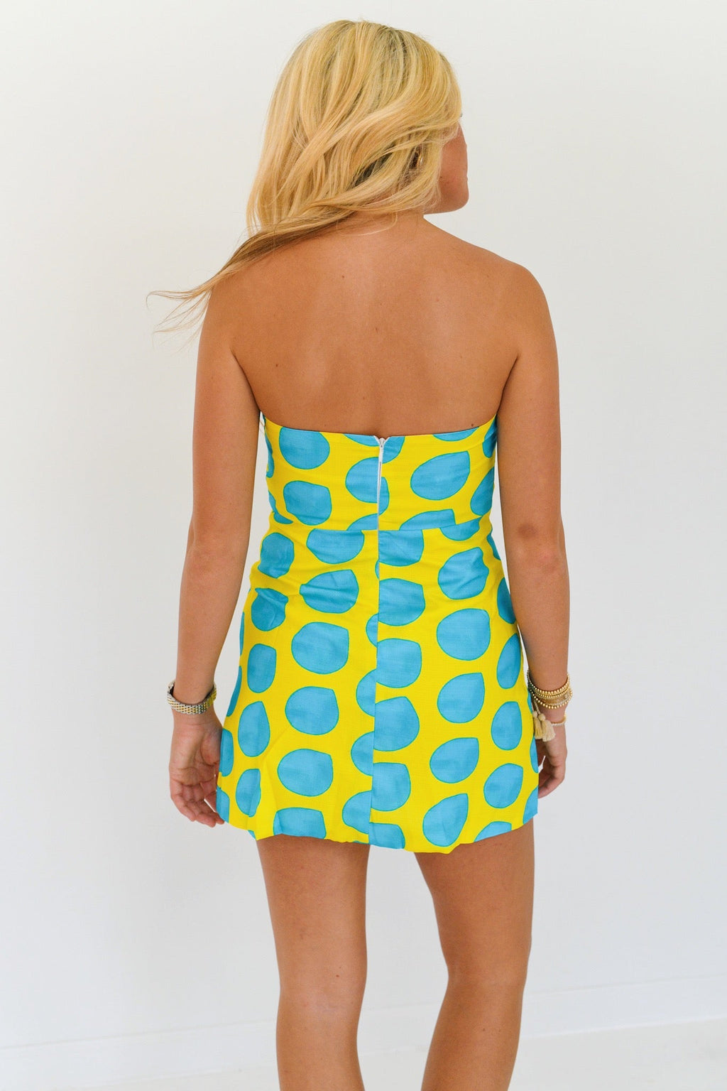 Shyla Strapless Mini Dress - Lime/Turquoise Polka Dots