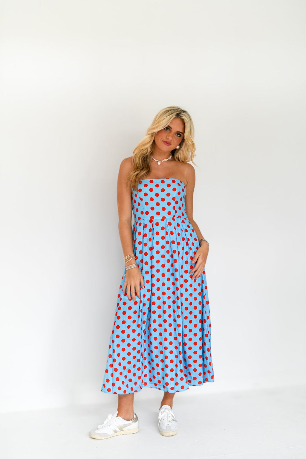 Manning Strapless Polka Dot Midi Dress - Powder Blue/Red
