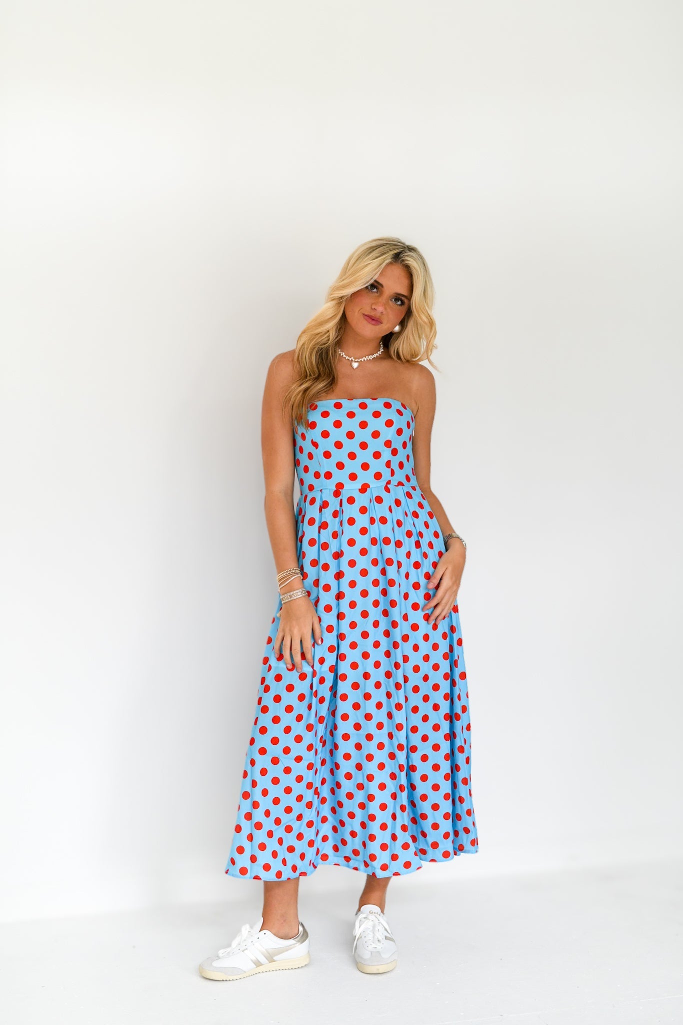 Manning Strapless Polka Dot Midi Dress - Powder Blue/Red
