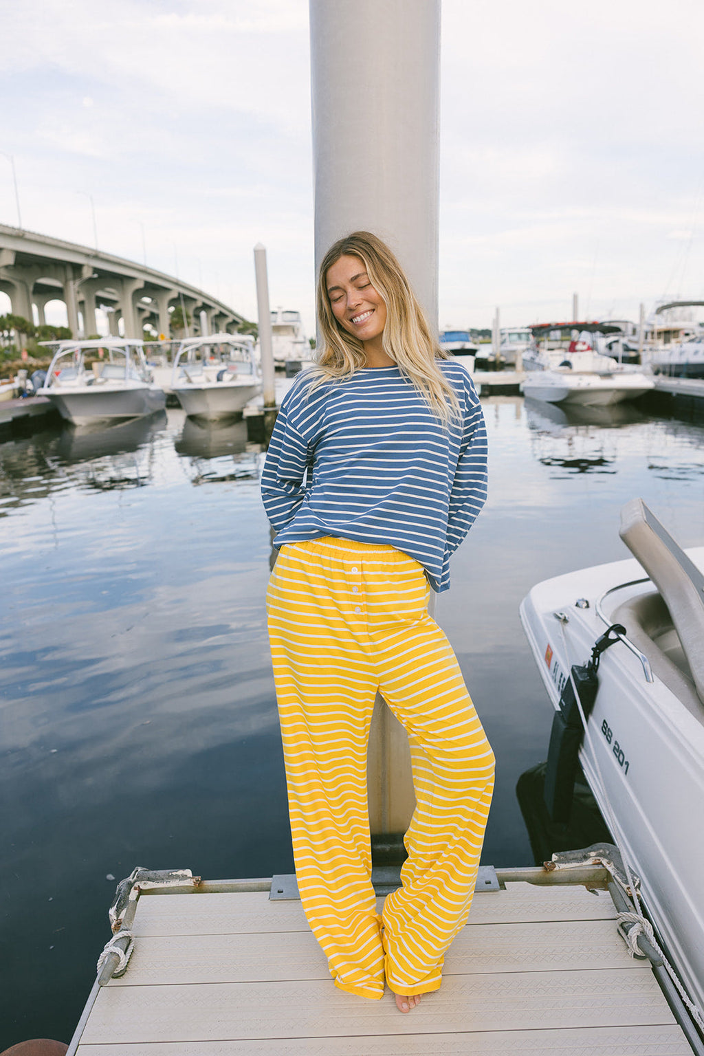 Fancy Striped Oversized Long Sleeve Top - Malibu Blue