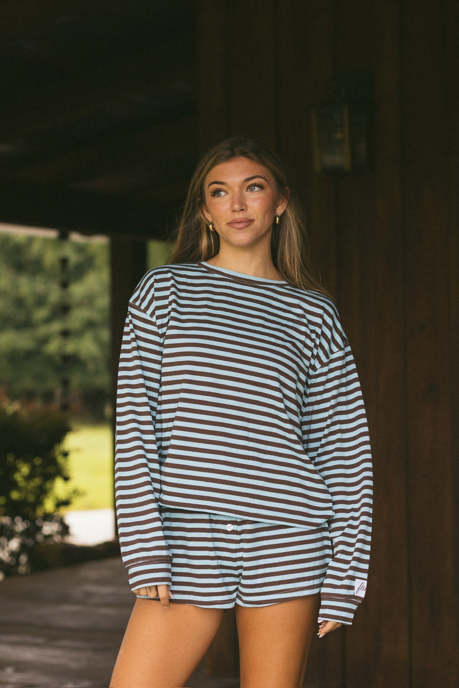 Fancy Striped Oversized Long Sleeve Top - Glacier/ Chocolate