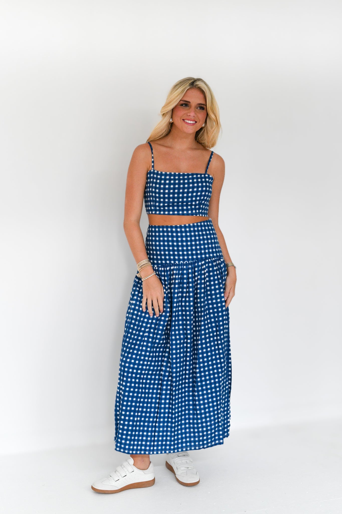 Alana Maxi Skirt Set - Navy/White Gingham