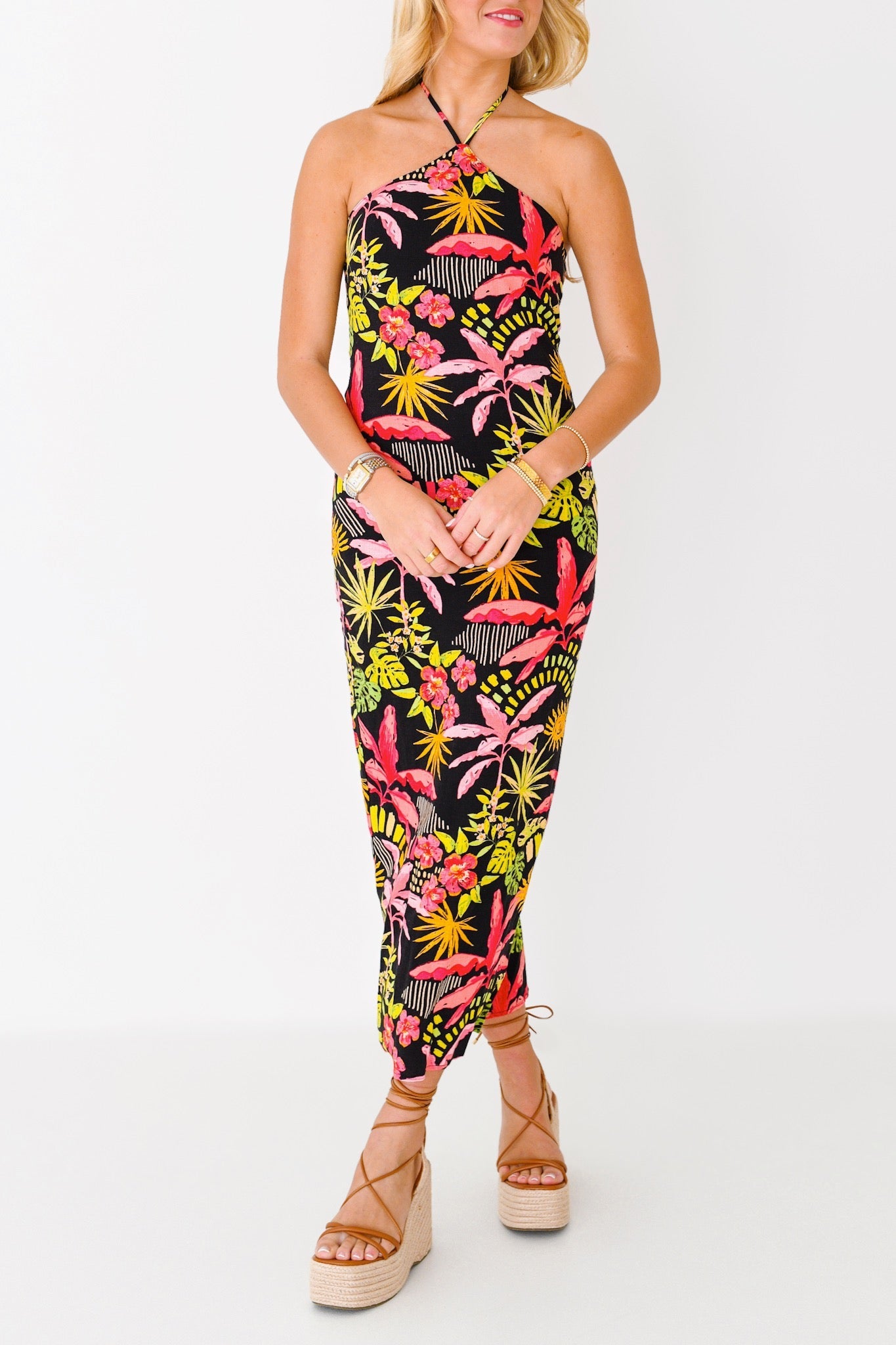 Victoria Halter Neck Maxi Dress - Black Multi Tropical