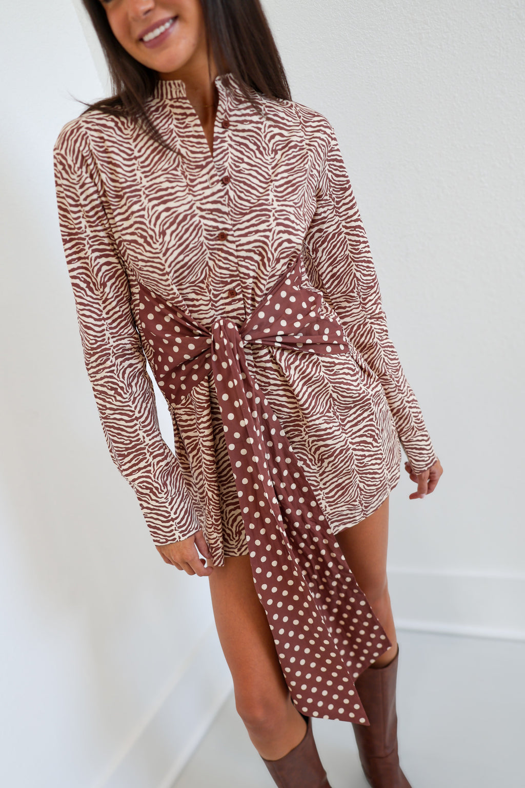 Mary Zebra Button Tie Mini Dress - Brown/Cream