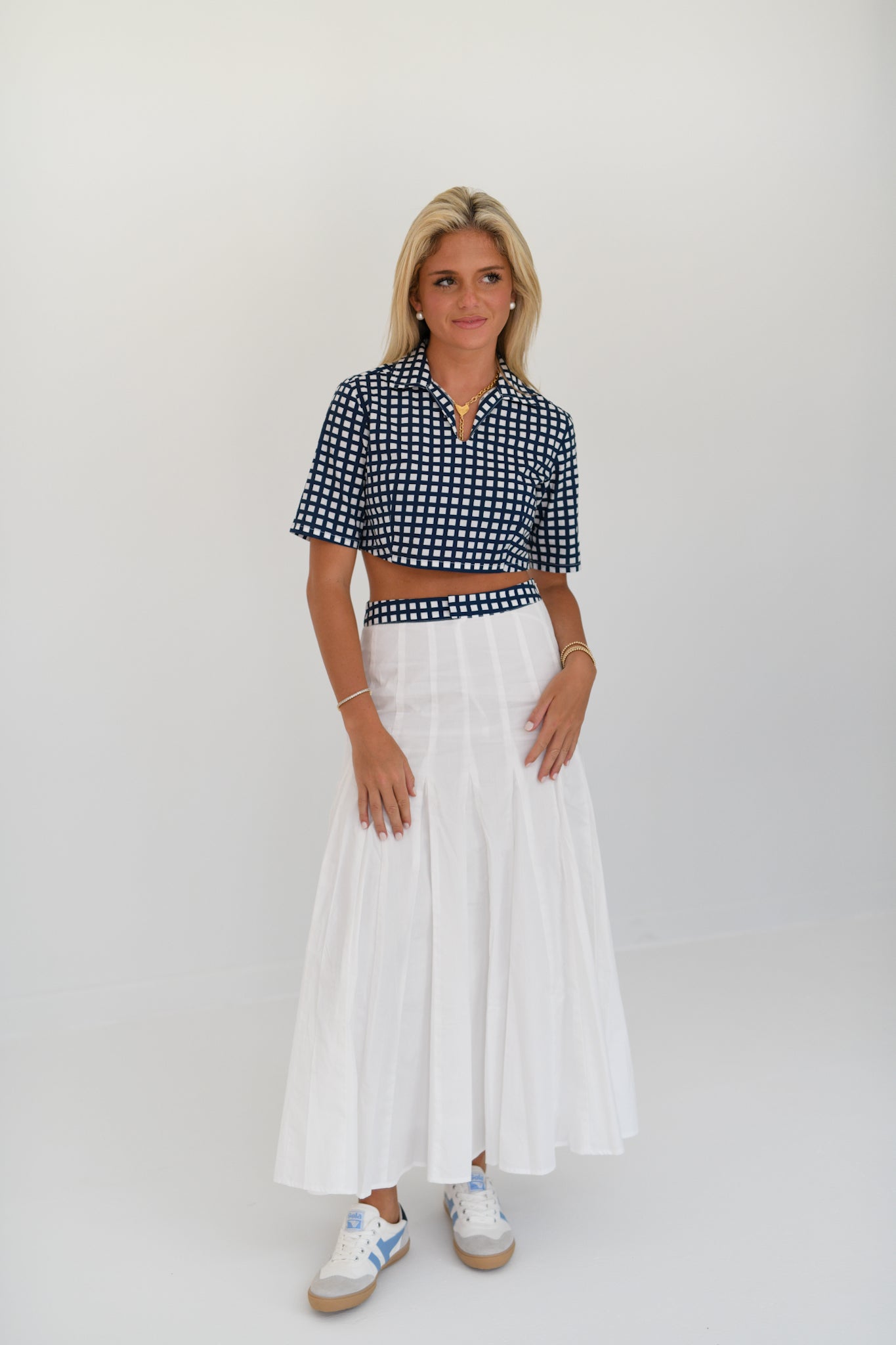 Dani Double Layer Pleated Maxi Skirt - Navy/White Gingham