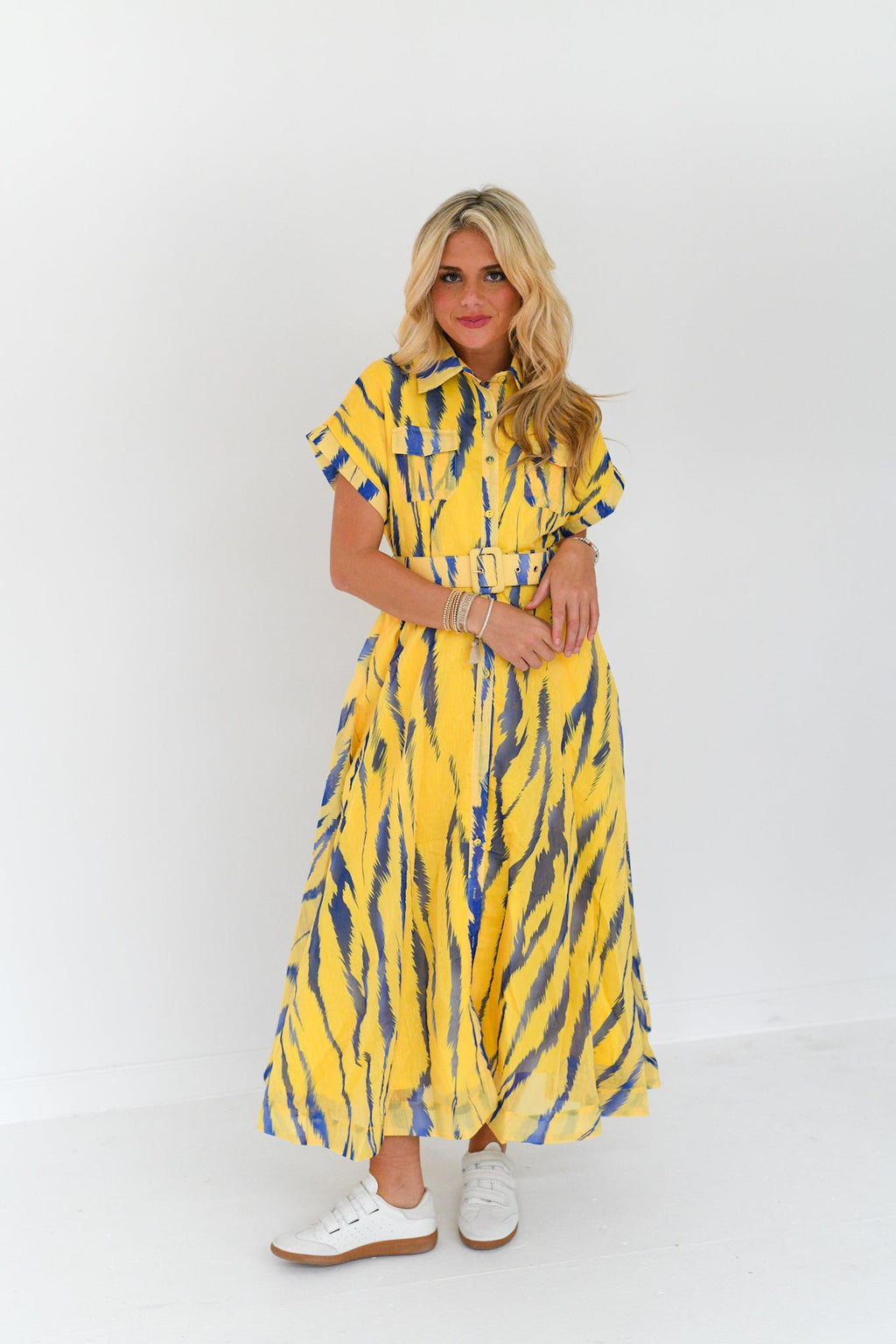 Emme Zebra Print Belted Midi Dress - Yellow/Blue Multi