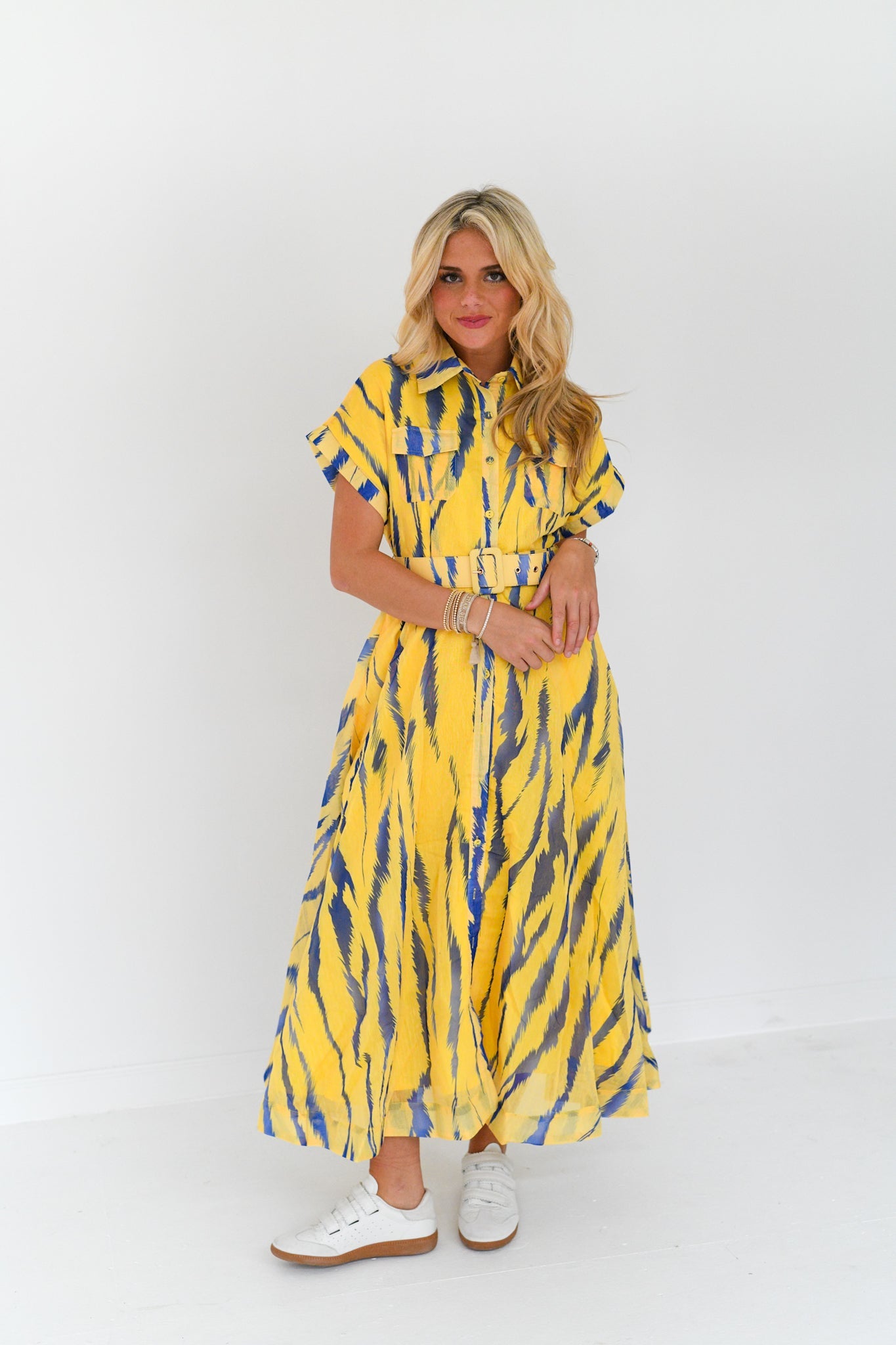Emme Zebra Print Belted Midi Dress - Yellow/Blue Multi