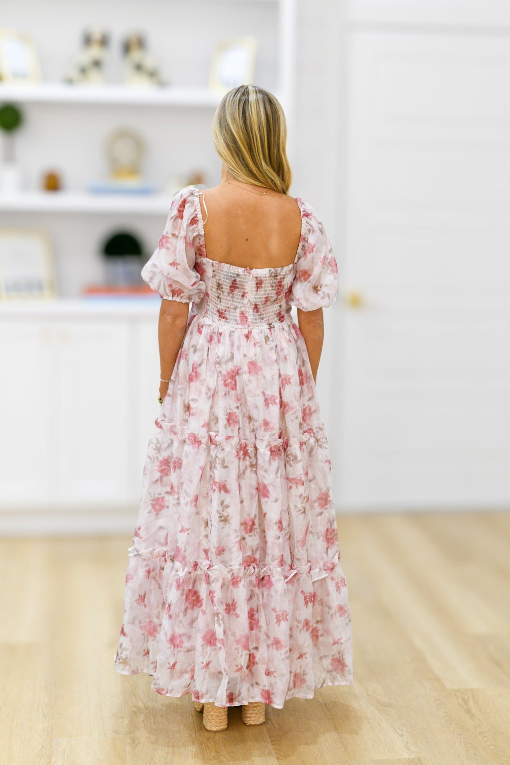 Floral Ruched Tiered Midi Dress - Rose