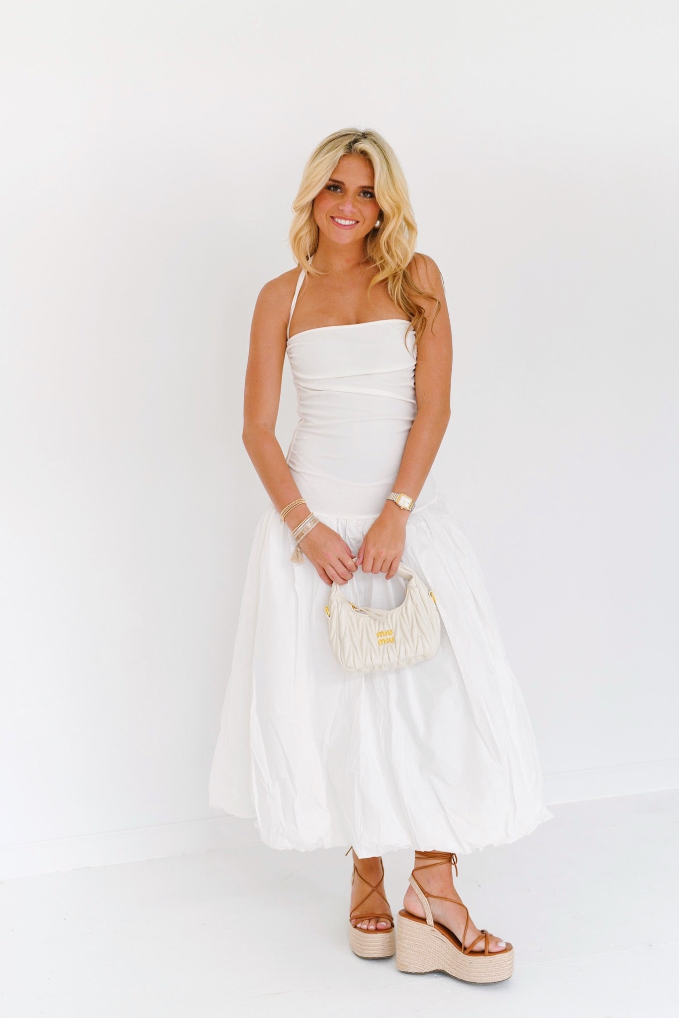 Kristy Drop Waist  Midi Dress - White