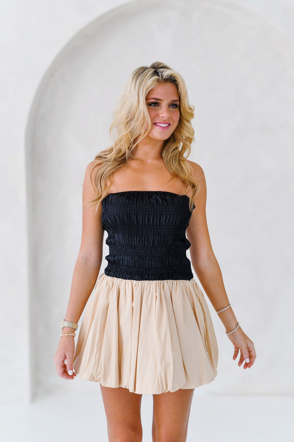 Aubrey Smocking Detail Mini Dress - Black Beige