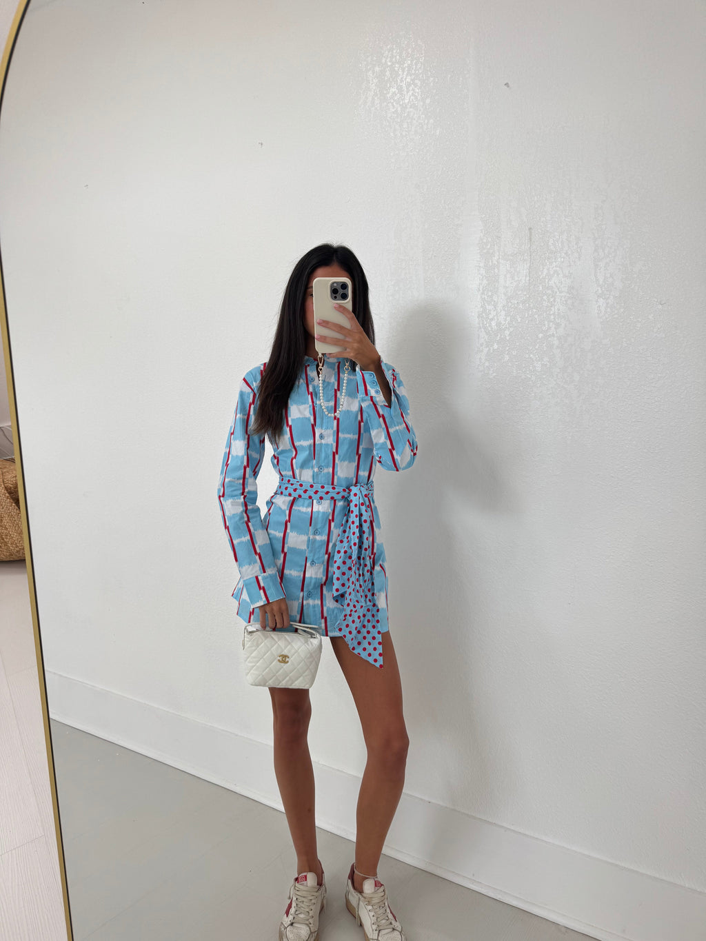 Mallie Multi Button Tie Mini Dress - Powder Blue/Red