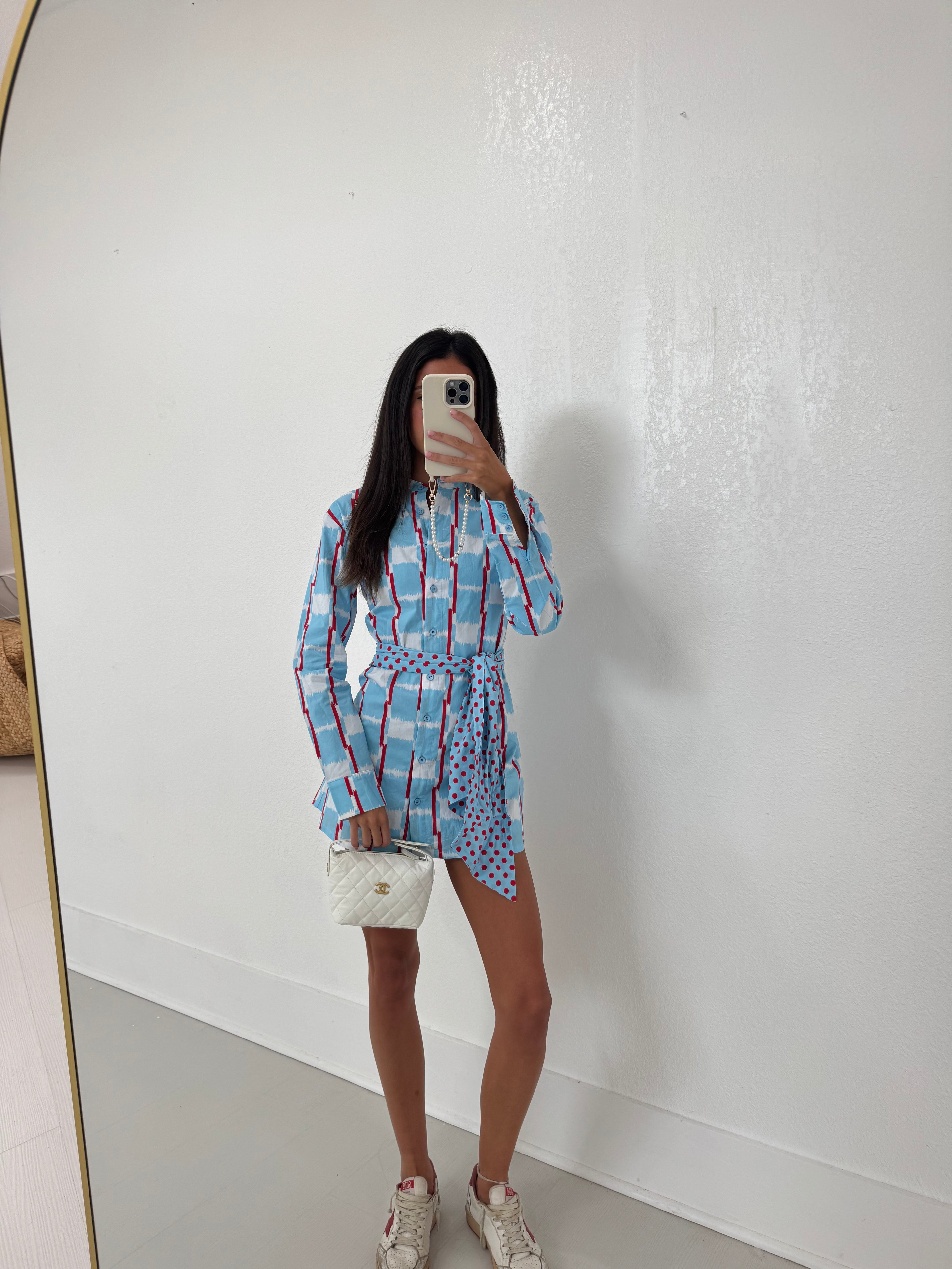 Mallie Multi Button Tie Mini Dress - Powder Blue/Red