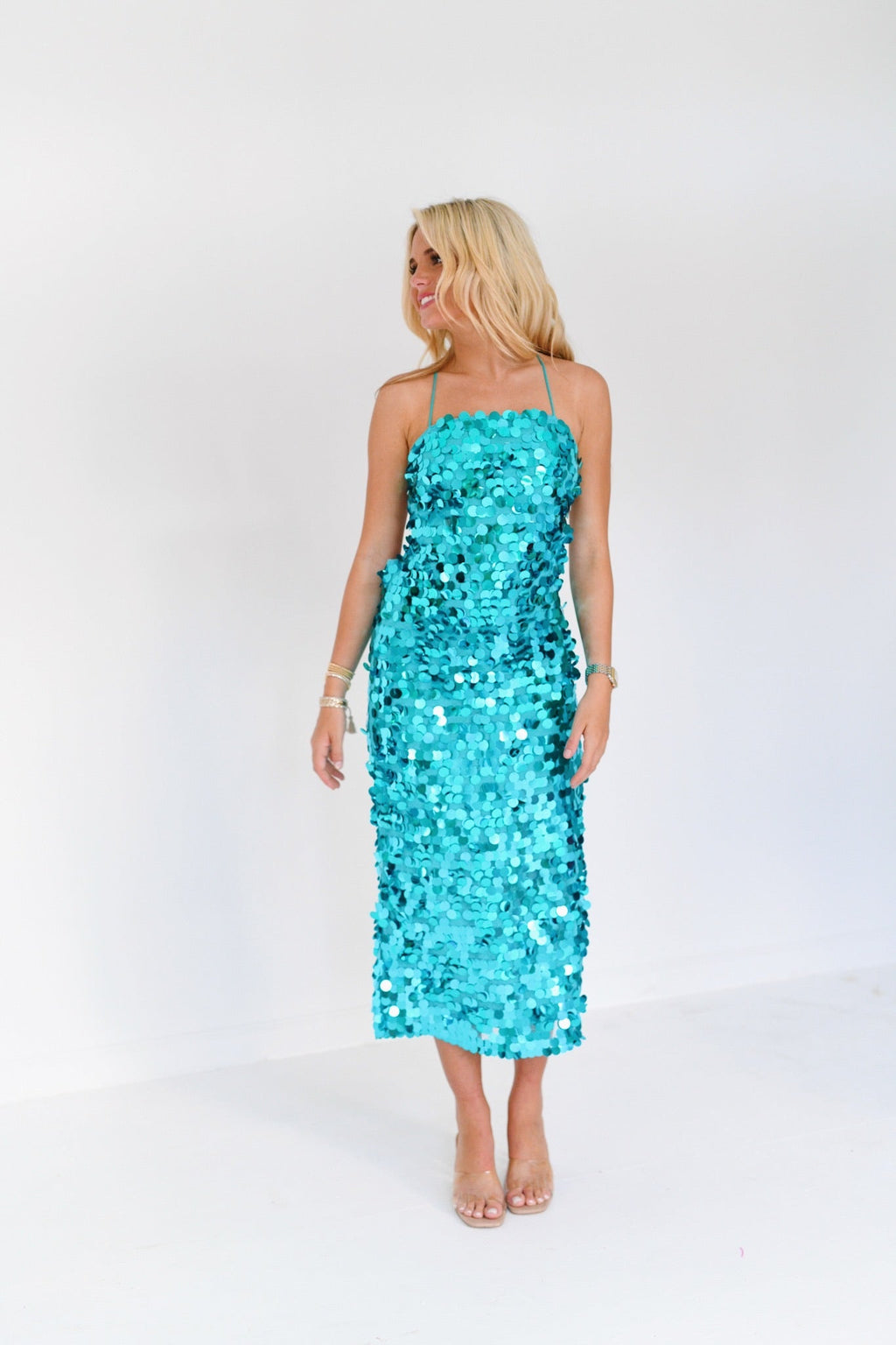 Monique Sequin Spaghetti Strap Midi Dress - Turquoise